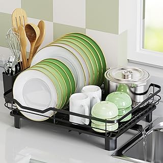 Rottogoon Dish Drainer Rack Black Space-Saving with Drip Tray Sink Dish Drainer with Drainage Spout Stainless Steel Dish Drying Rack with Cups Utensil & Cutting Board Holders for Kitchen Counter
