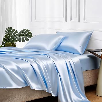 MR&HM Satin Bed Sheets, King Size Sheets Set, 4 Pcs Silky Bedding Set with 15 Inches Deep Pocket for Mattress King, Light Blue