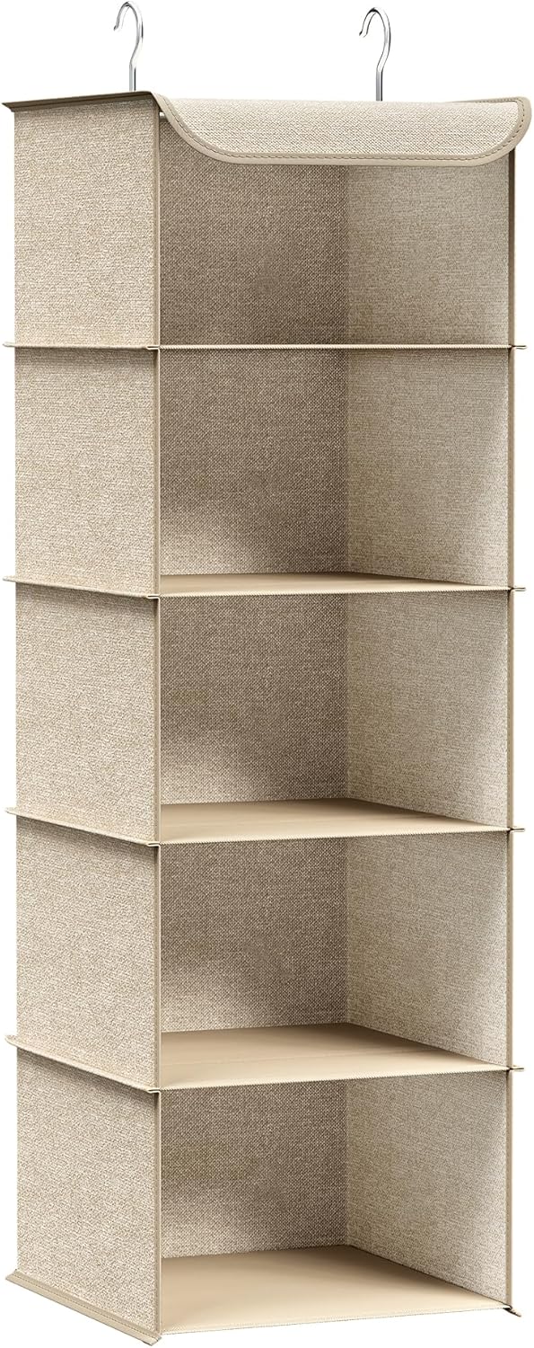 SONGMICS Hanging Closet Organizer, Hanging Storage Shelves, Hanging Closet Shelves, Space-Saving and Foldable, Metal Hooks and Bamboo Inserts, Sand Beige URCH005Y01