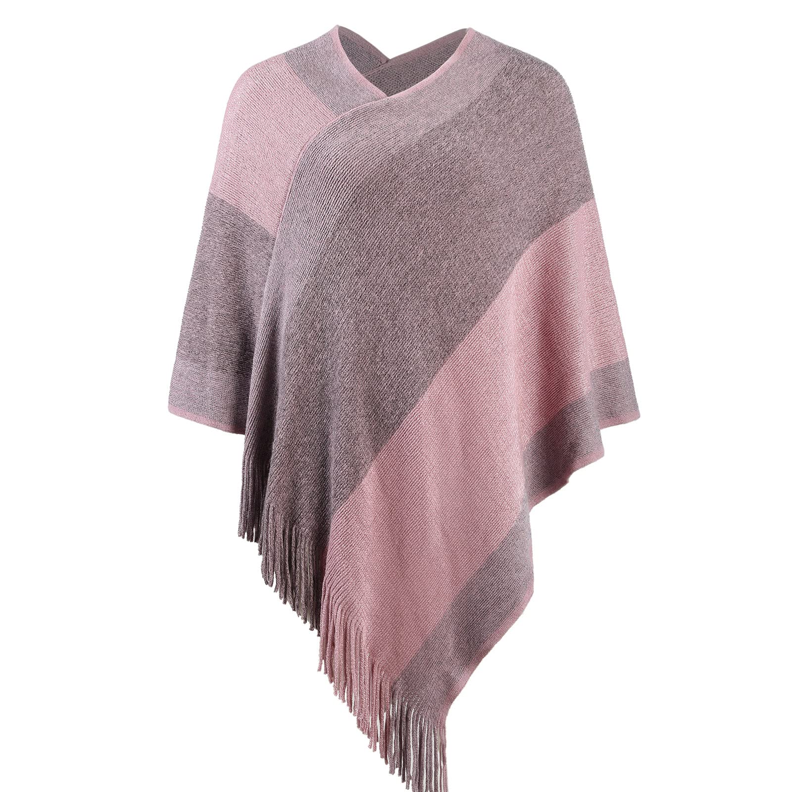 Women's Elegant Knitted Shawl Poncho with Fringed V-Neck Striped Sweater Pullover Cape Gifts for Women Mom