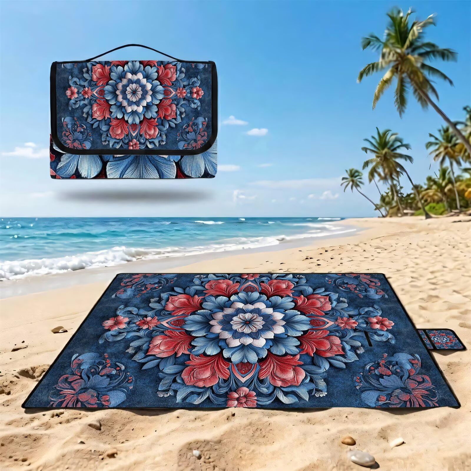 Couverture Pique Nique Grande 200x300cm,Outdoor Couverture Imperméable,Pliable Tapis de Plage Dos en PVC Anti-Sable,Picnic Blanket pour Camping Accessoires,Jardin,Parc - Bleu Marine,Rouge FZ-174