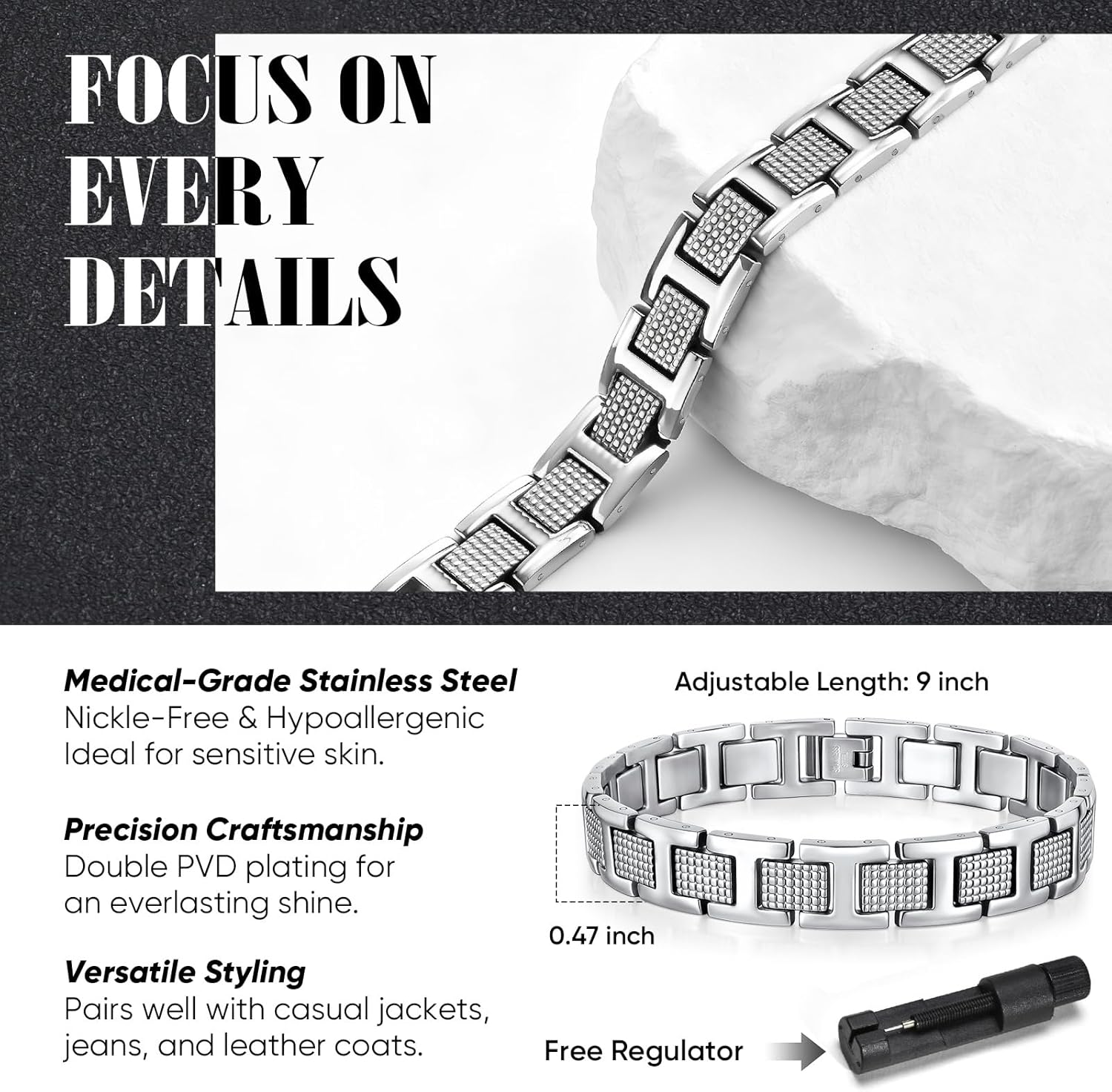 VNOX Mens Silver Bracelet Inoxidable Metal Stainless Steel Link Chain Bracelets Elegant Jewelry Gifts for Men Dad Husband,Adjustable - Image 6