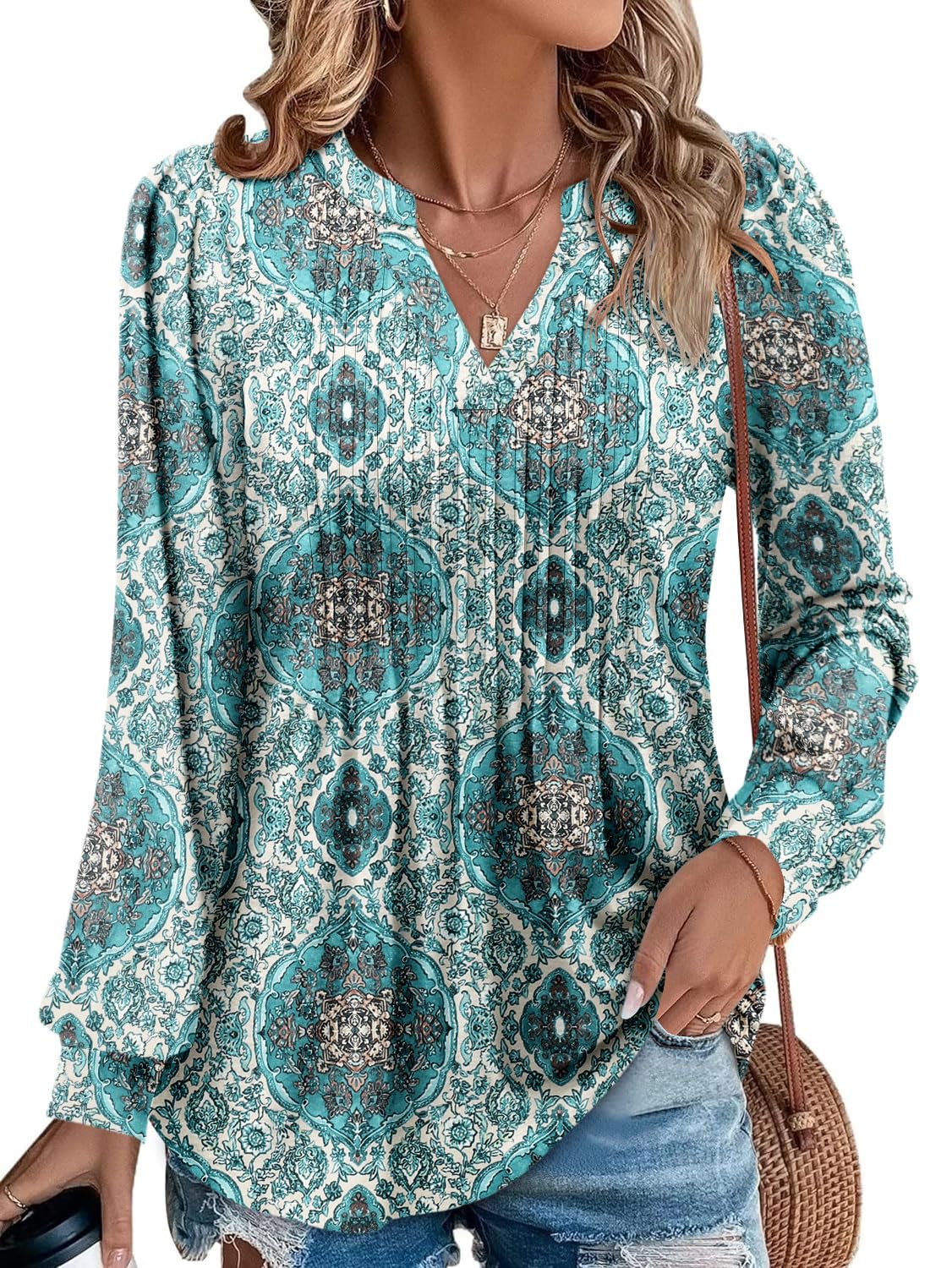 onlypuff Women's Puff Sleeve Tunic Tops V Neck Pleated Blouses Dressy Casual Loose T-Shirts