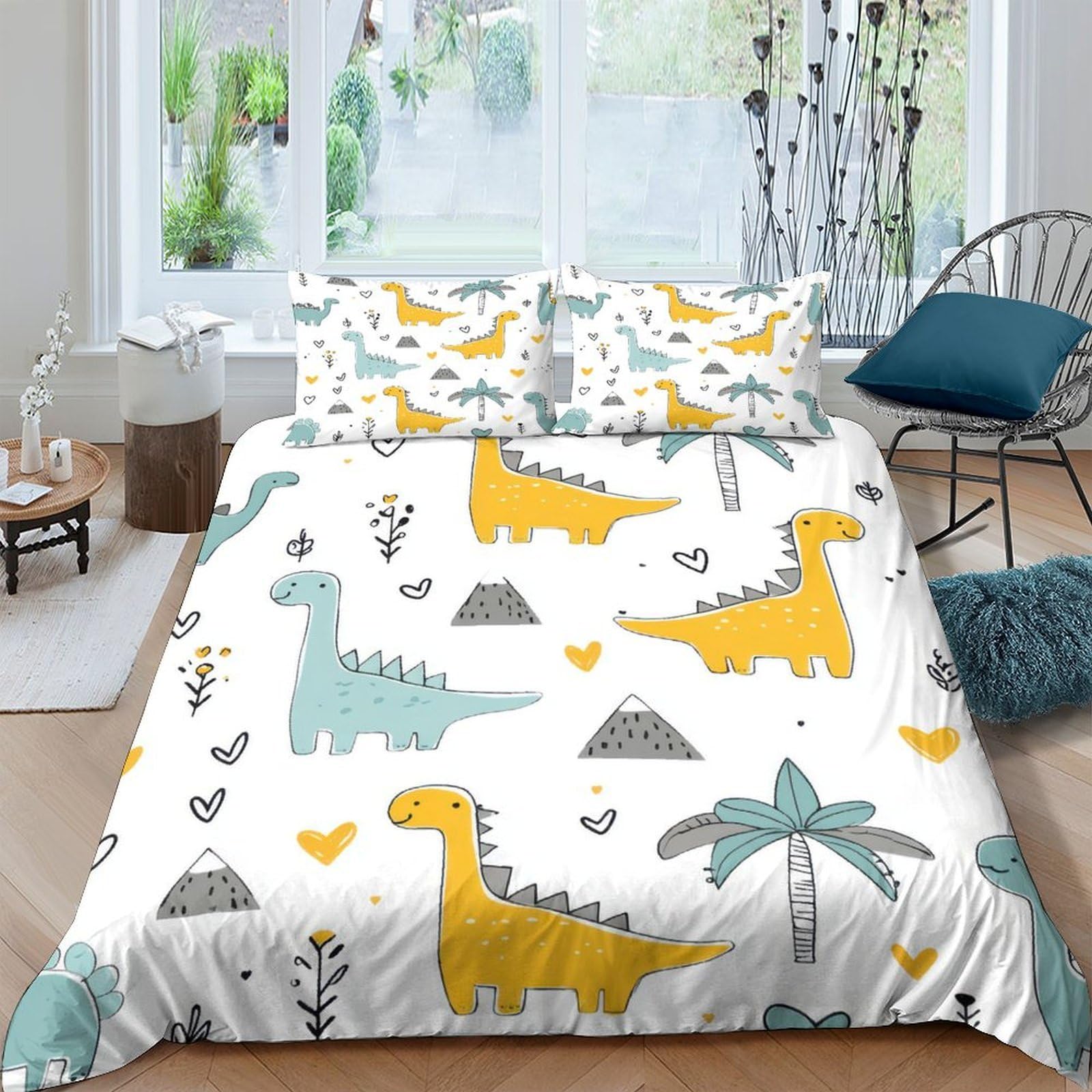 Ctjqhvkz Style-10 3D Printed Yellow Dinosaur Fitted Sheet Microfiber Soft Breathable Grey Palm Mattress Cover For Bedroom Decor Single（135X200cm）