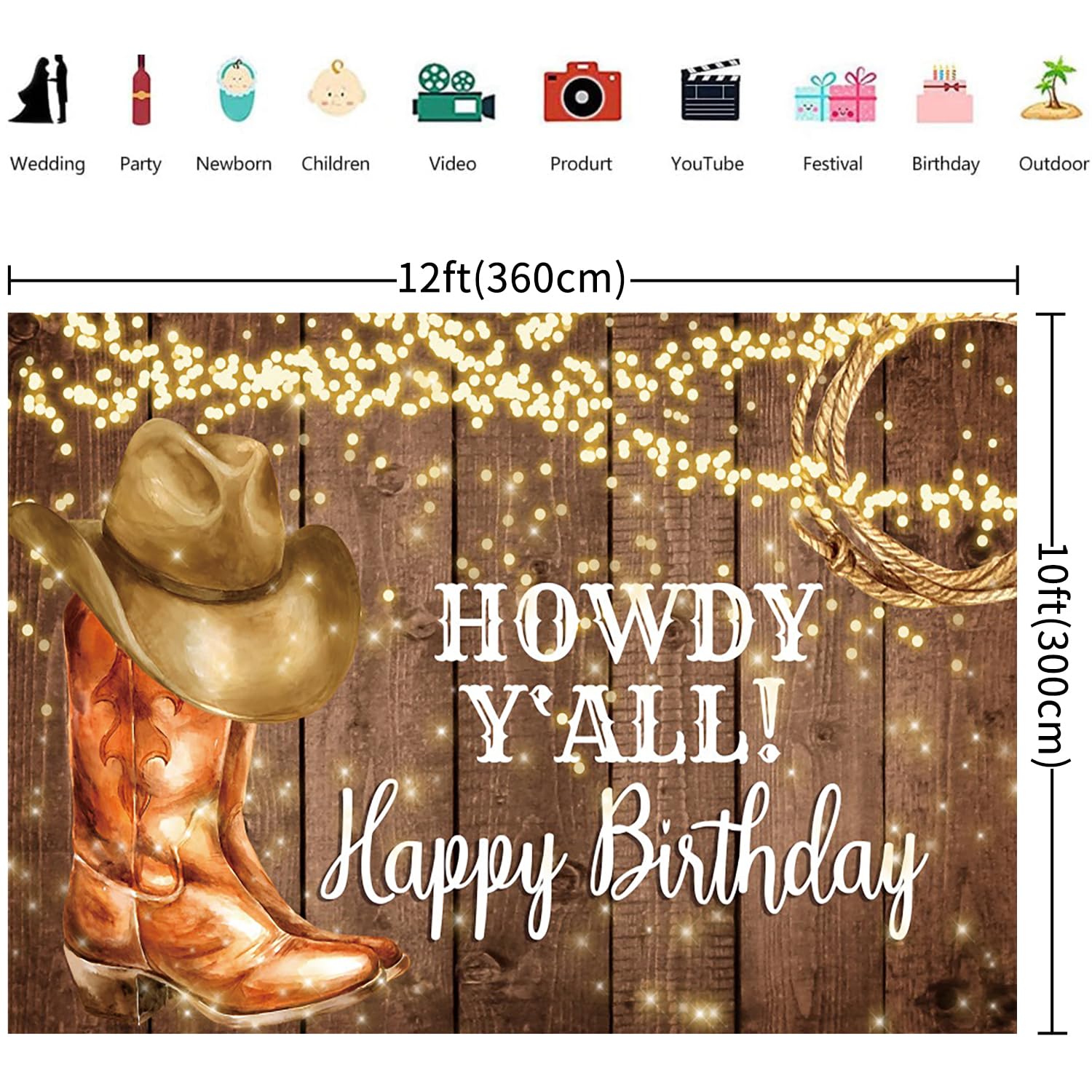 3.6x3m Sfondo Western Cowboy Happy Birthday Rustic West Rodeo Boots Pavimento in legno Fotografia di campagna Sfondo tema occidentale Decorazioni per feste di compleanno per bambini