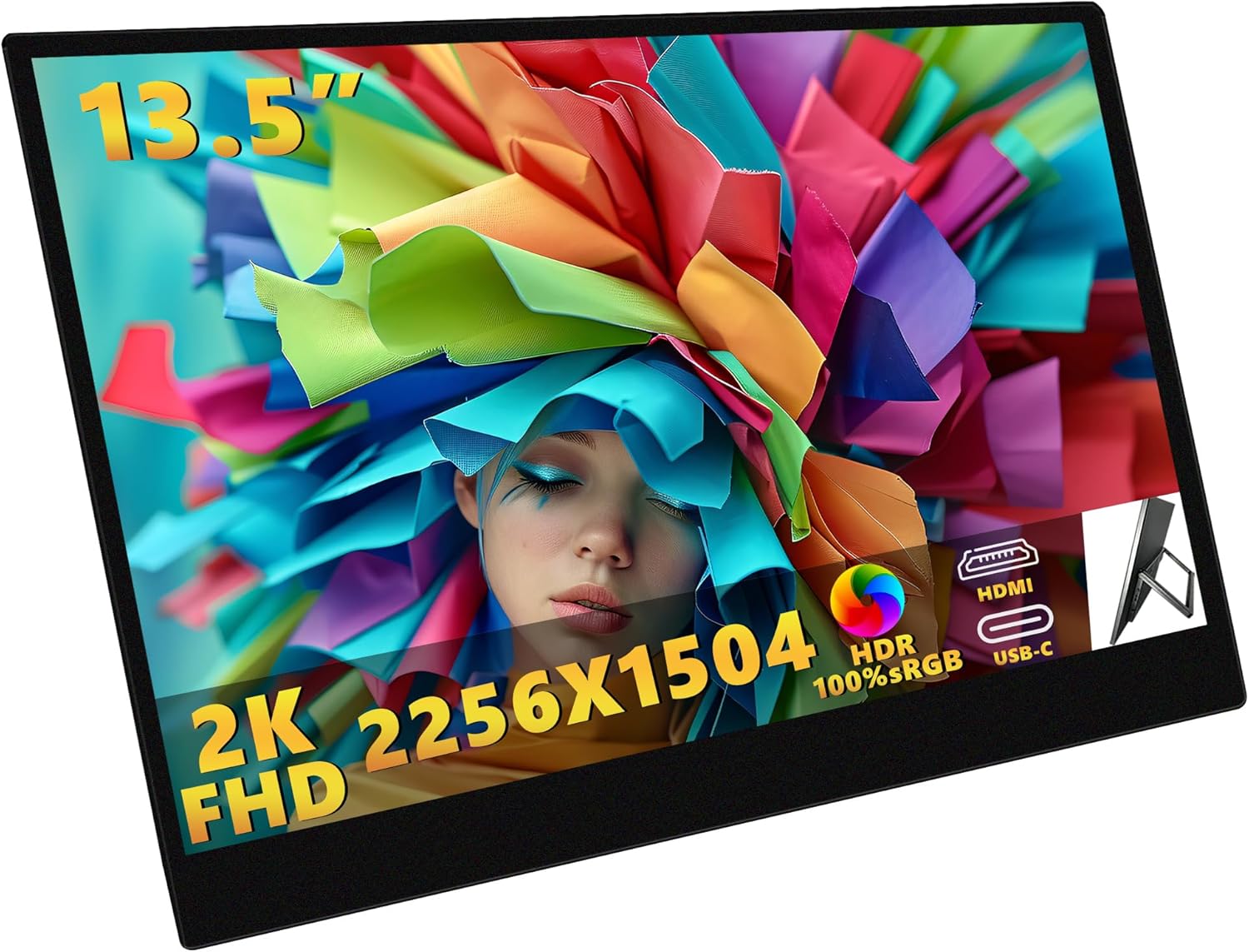 13.5 inch 2K Portable Monitor-Ultra Slim, 100% sRGB 1500:1 400cd/m2 Kickstand Portable Monitor with HDR, External Second Screen for Laptop, PC, PS5, Mac, Xbox, Switch. VESA Mount Compatibility