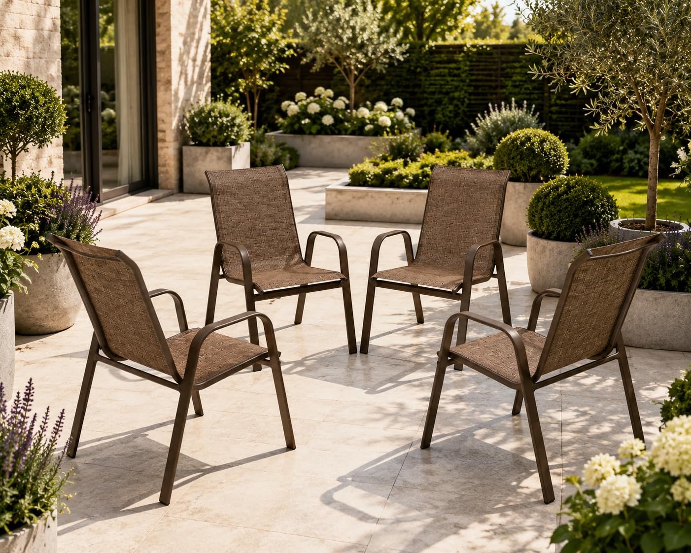 Emirates Living Garden Dining Chairs Set of 4, Stackable Outdoor Patio Chairs with Breathable Textilene Mesh, Powder Coated Steel Frame, Armchairs for Garden, Balcony & Conservatory, Brown