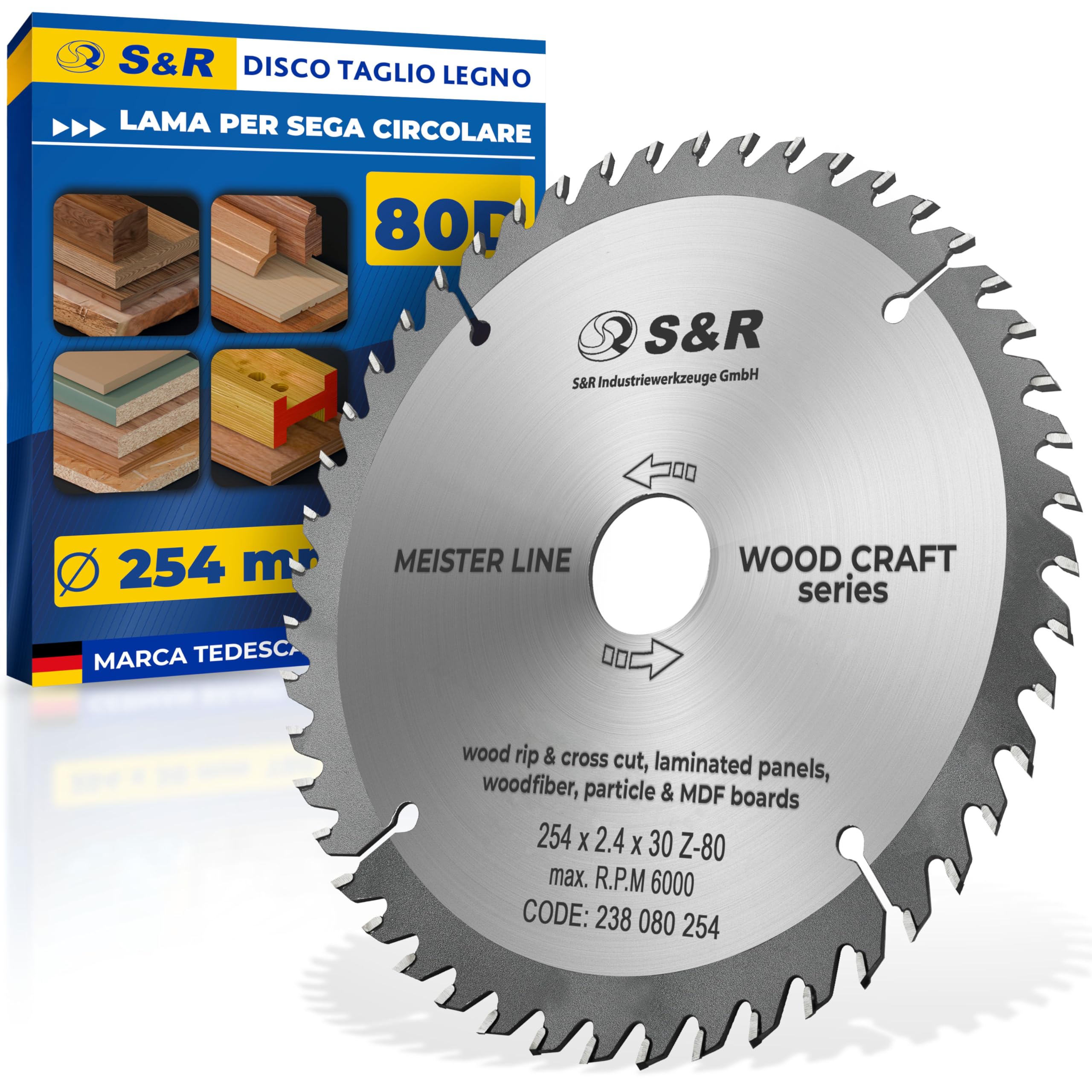 S&R Lama per Sega Circolare 254. Disco Smerigliatrice Taglio Legno Professionale (254 x 30 x 2,4mm 80 Denti) compatibile con sega a immersione e sega circolare Bosch e Makita
