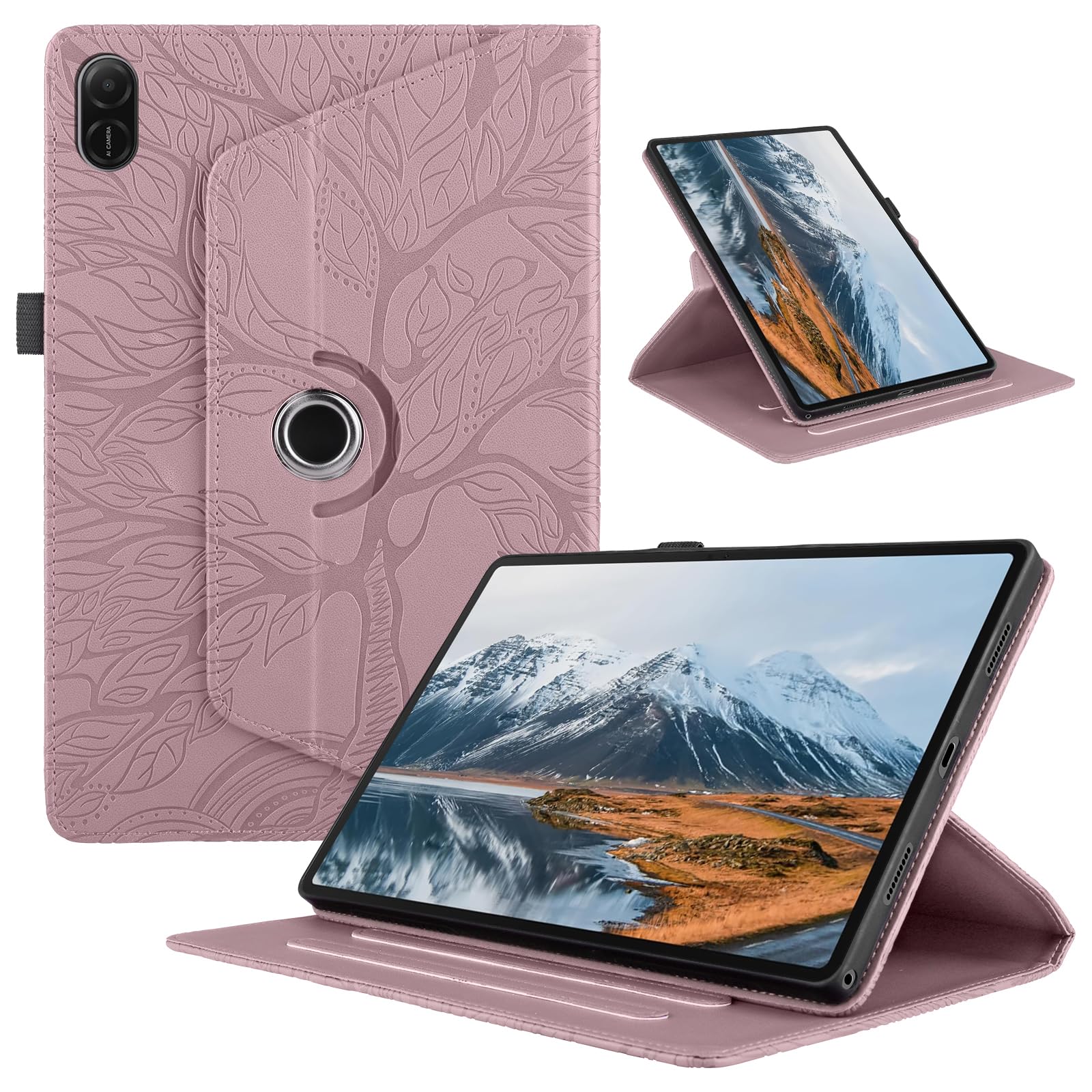 Funda para Samsung Galaxy Tab S9/ S8/ S7 11" (SM-X710/X700/T870) PU Cuero Tablets Protectora Cover 360°Carcasa Giratoria de ángulo Múltiple Stand Función Tablets Funda,Rojo Árboles — view 90