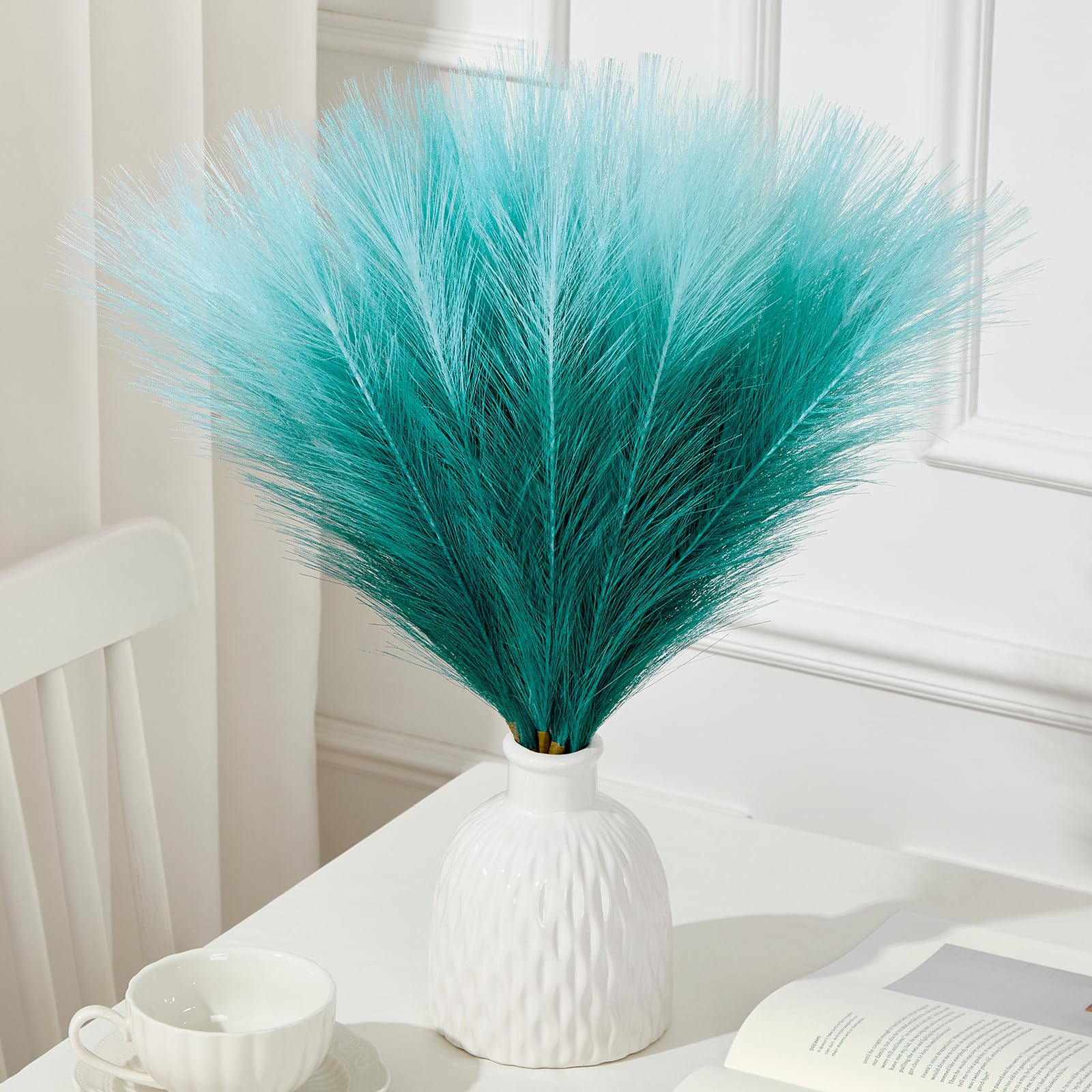 Herbe de pampa artificielle dégradée turquoise fausse plante grand vase Serwalin