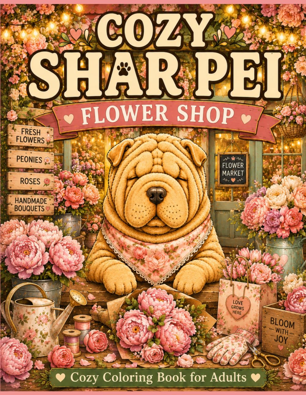 COZY SHAR PEI FLOWER SHOP: Cute Floral Coloring Book for Adults Featuring Flowers, Bouquets, Greenhouses, Rose Gardens and Relaxing Cozy Scenes (Cozy Shar Pei Coloring Book Series)