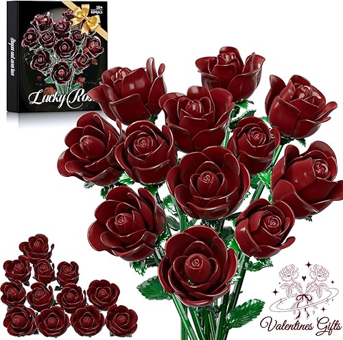 Conjunto de Construcción de Ramo de Rosas Rojo Burdeos para Mujeres Adultas - Paquete de 12 Colección Botánica Regalo para Navidad Día de San