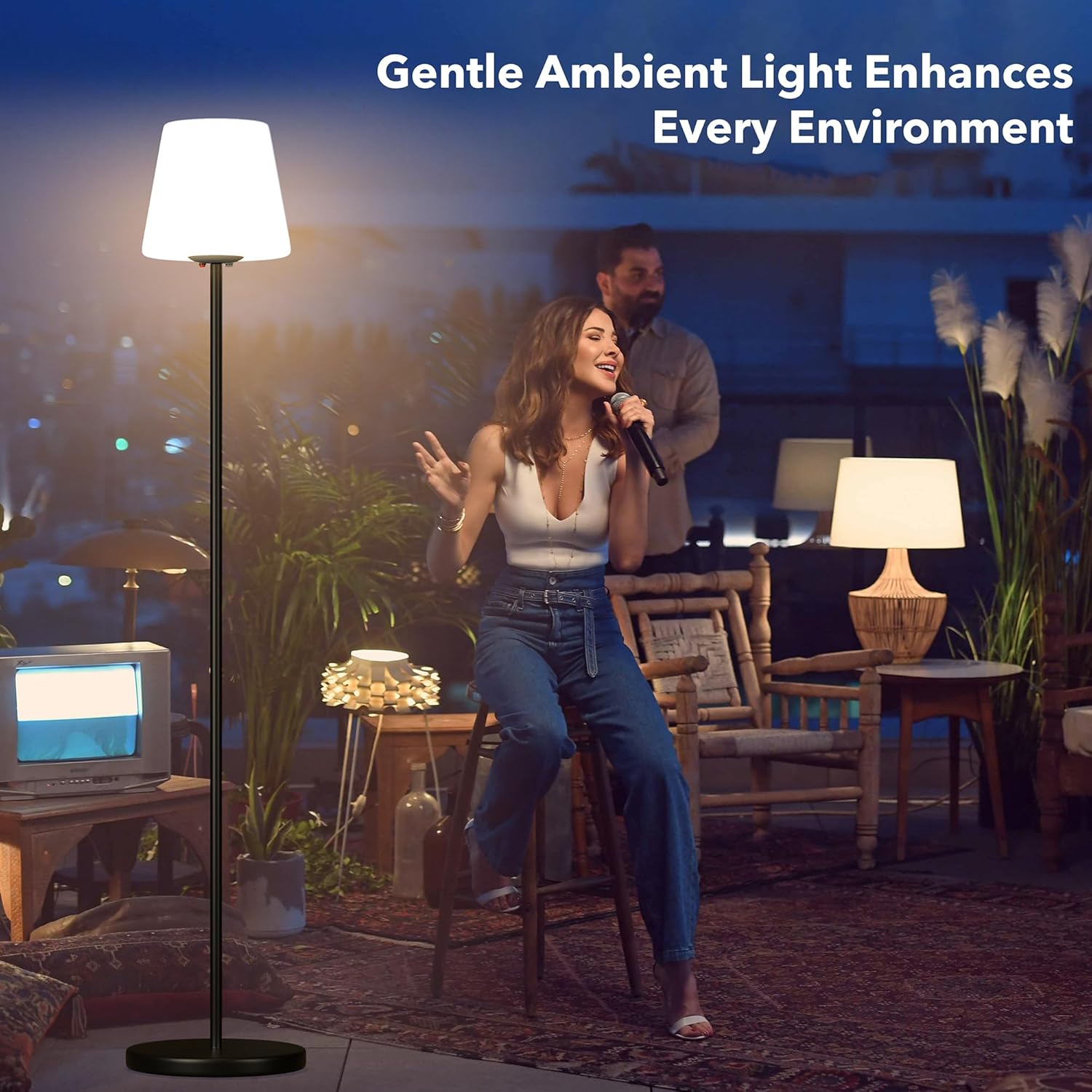 Outdoor Floor Lamp, 100% Solar Powered Floor Lamp for Patio Decks Lawn Pool Garden Outdoor Spaces, Fully Weatherproof