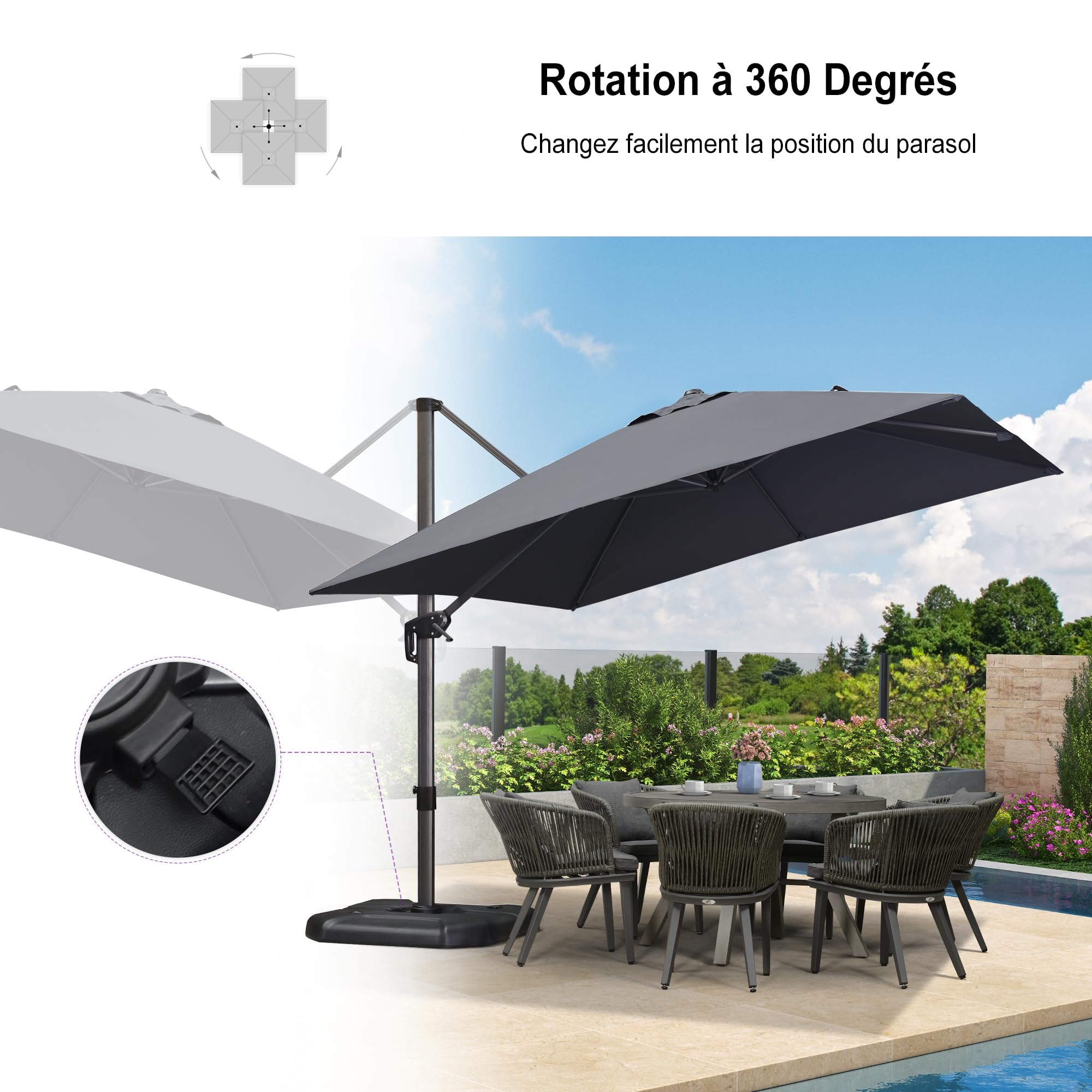 PURPLE LEAF Parasol Déporté 3 x 3 m Gris avec Pied de Croix Inclinable | Structure en aluminium, Stable et solide, Toile 240 g/m² UPF 50+, 5 niveaux d’inclinaison, Parasol de jardin extérieur