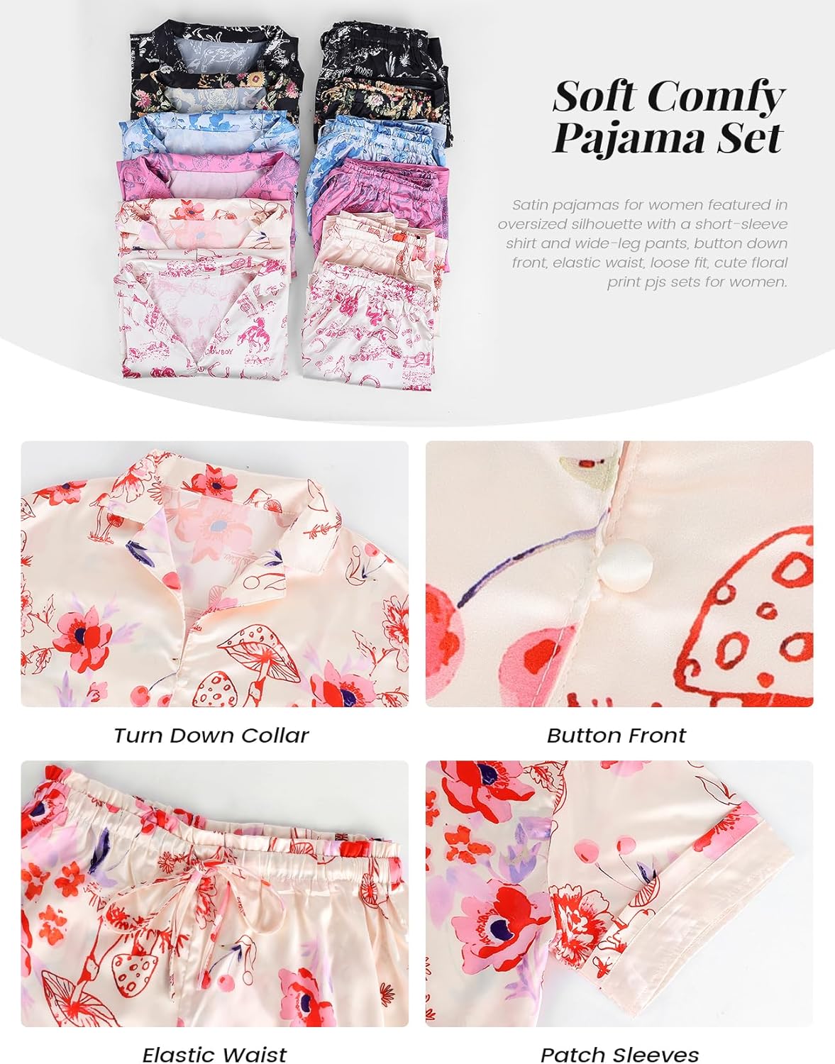 Yimoon Womens Satin Pajama Set Floral Silk Pajamas 2 Piece Short Sleeve Button Down Pjs Set Cuter Sleepwear - Image 7