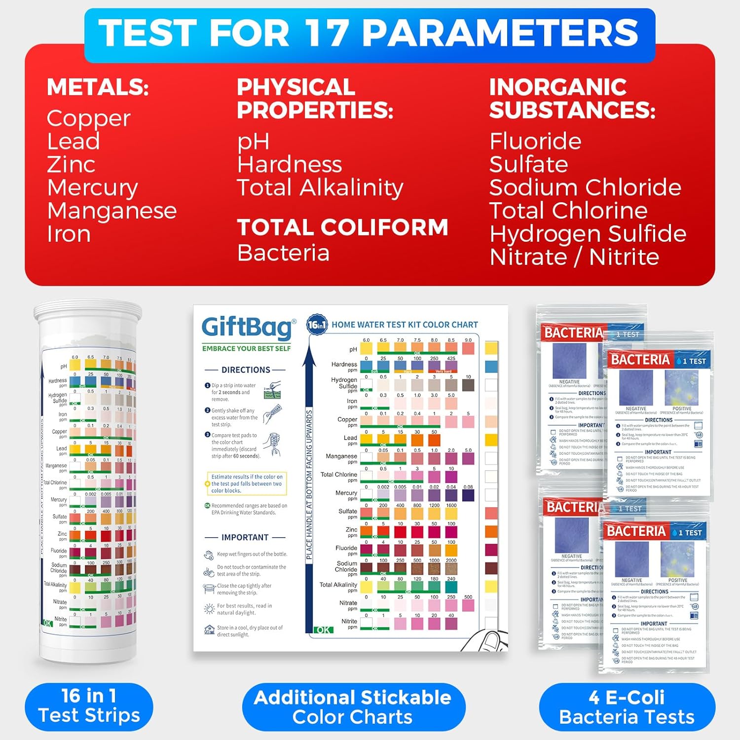 17 in 1 Complete Drinking Water Testing Kit - 100 Strips + 4 Bacteria Tests - Tap and Well Water Test Kit, Easy to Test and Read for Hardness, Lead, Iron, Fluoride, pH, Copper, Bacteria and More - Image 3