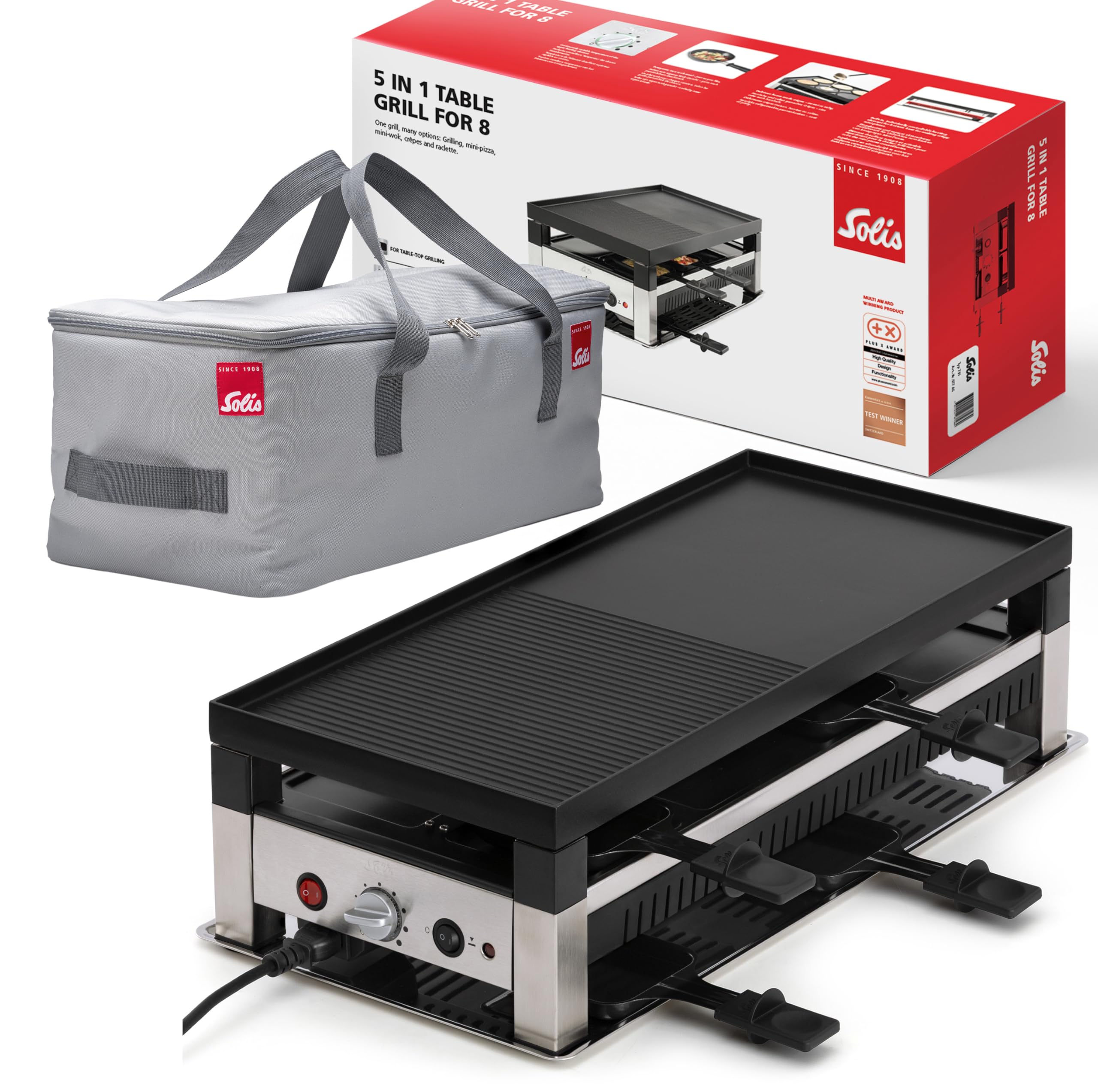 Solis 5in1 Tischgrill mit 1400 W, Elektrischer Grill für 8 Personen, Indoor Grill mit Raclette- und Mini-Wok-Pfännchen, Elektrogrill für Balkon, Garten und Küche, Edelstahl, inkl. Transporttasche