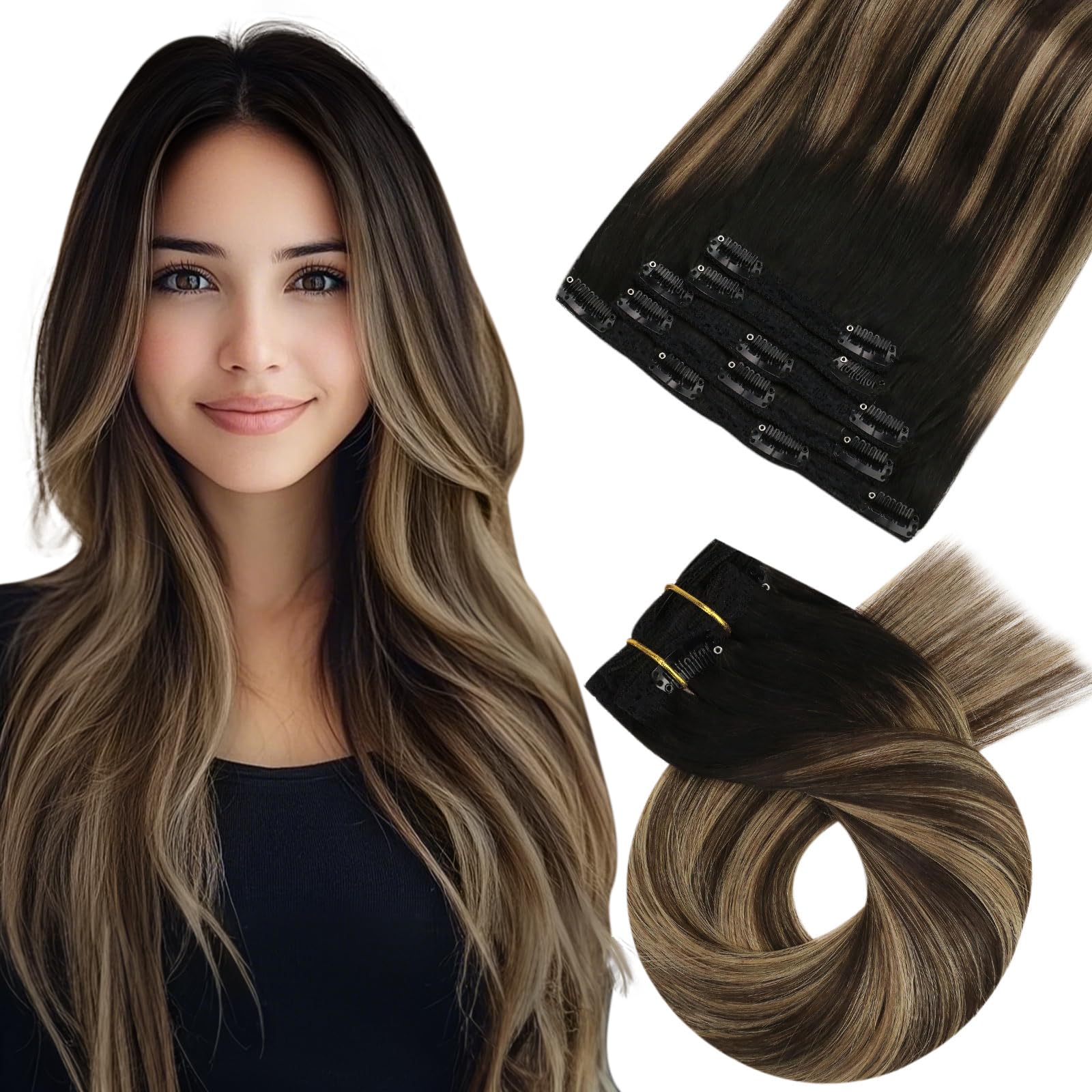 Moresoo Human Hair Extensions Clip in Real Hair Ash Blonde with Bleached Blonde Clip in Hair Extensions Remy Human Mid-length Hair Layered Add Volume 14 Inch 5pcs/80g #P18/613 — view 69