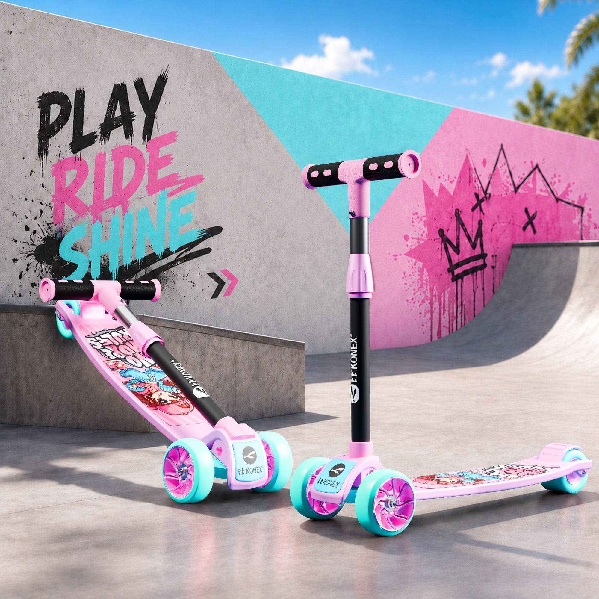 Konex Kick Scooter for Kids (2+ Years) | 3 Broad Rubber Wheels for Smooth Ride | 4-Level Height Adjustable Handle | Foldable & Portable with Back Brake (Pink-Sea Green, ECO)