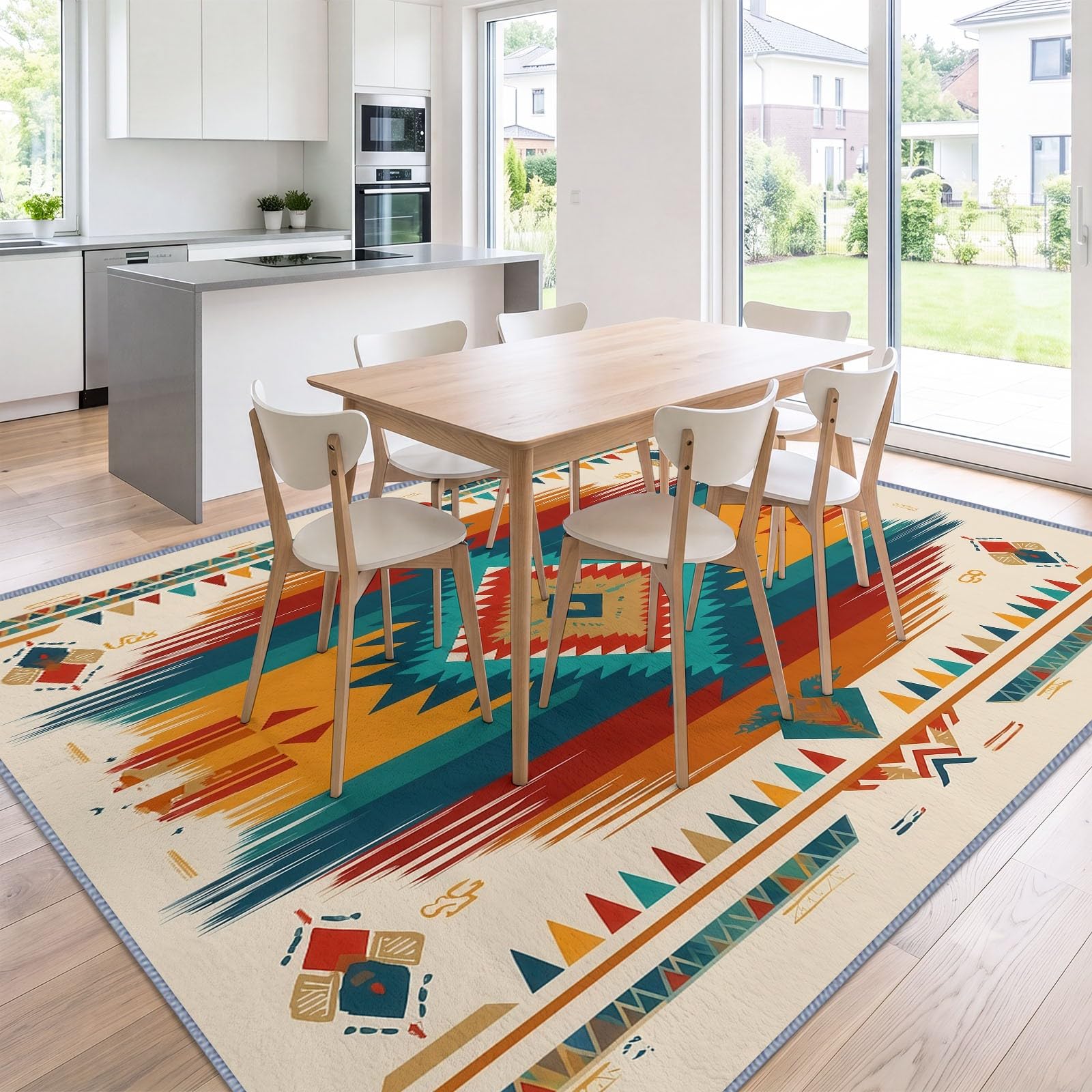 Tappeto azteco lavabile per soggiorno 120 x 170 cm, a pelo basso con bordo geometrico a diamante, antiscivolo, super morbido, per camera da letto, sala da pranzo, corridoio, salotto, ufficio