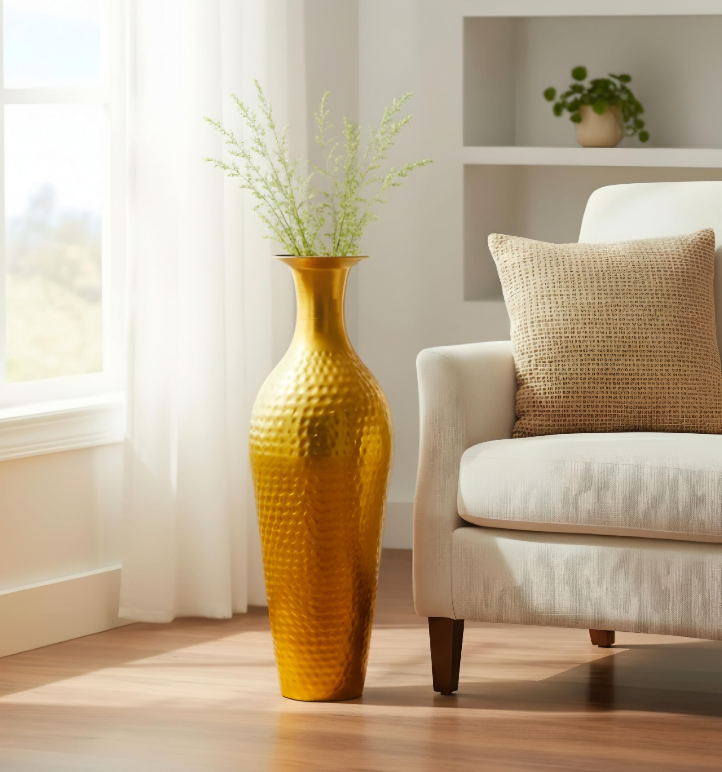 Tall Gold Floor Vase - 24 Inch Hammered Metal Decorative Vase for Pampas Grass and Long Stems, Large Modern Flower Vase for Living Room Corner, Entryway, and Luxury Home Decor Accents-image-17