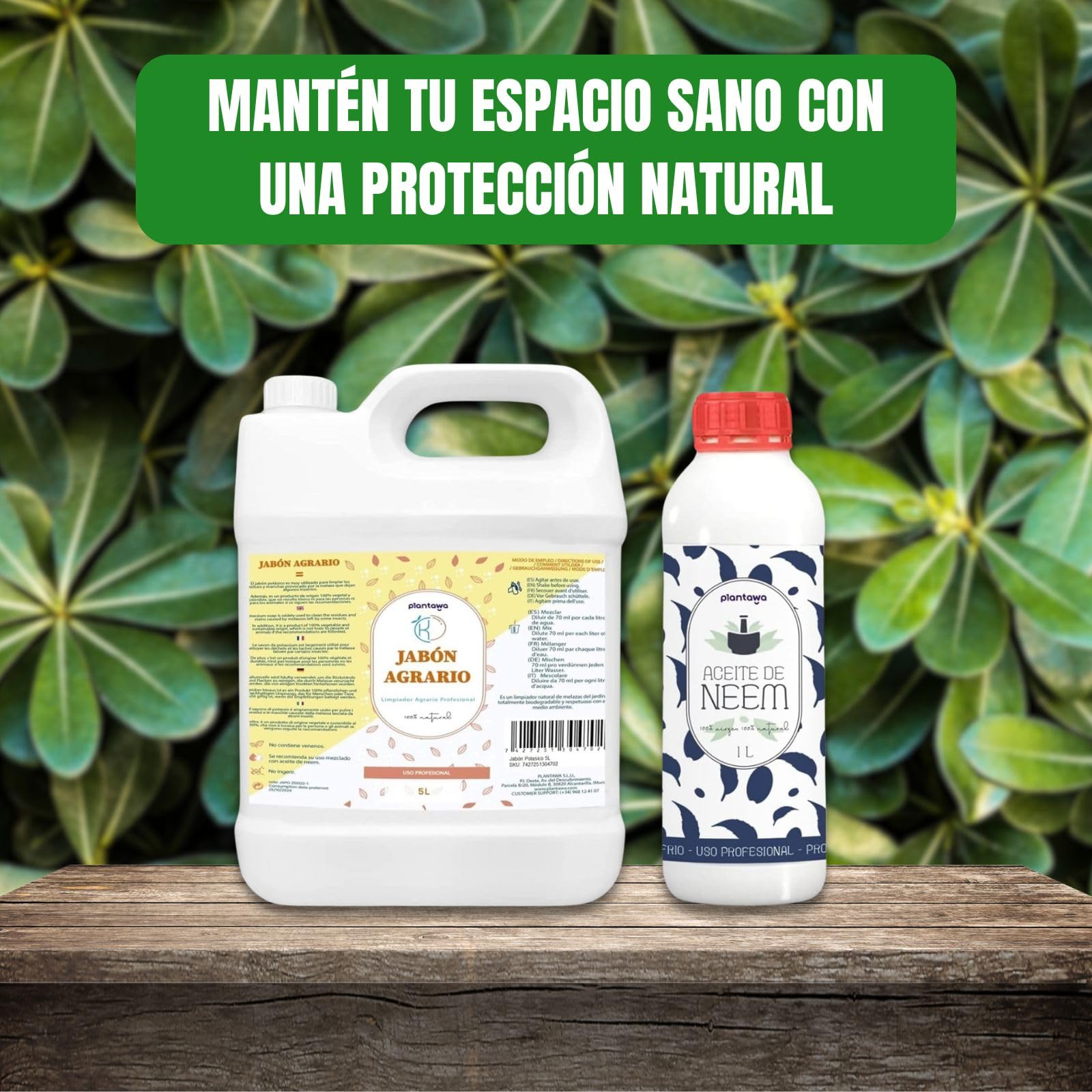 PLANTAWA Pack Jabón Potásico 5L + Aceite de Neem 1L | Solución Multiusos | Fácil Aplicación y Máxima Eficacia | Versátil | Uso en Interior y Exterior | Productos de origen natural