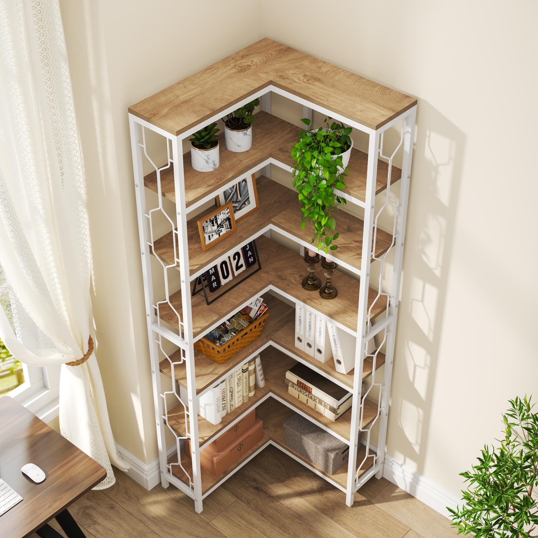 Tribesigns Etagere - Scaffale angolare industriale a 7 ripiani, in legno e metallo, scaffale autoportante per soggiorno, cucina, casa, ufficio, bianco e naturale