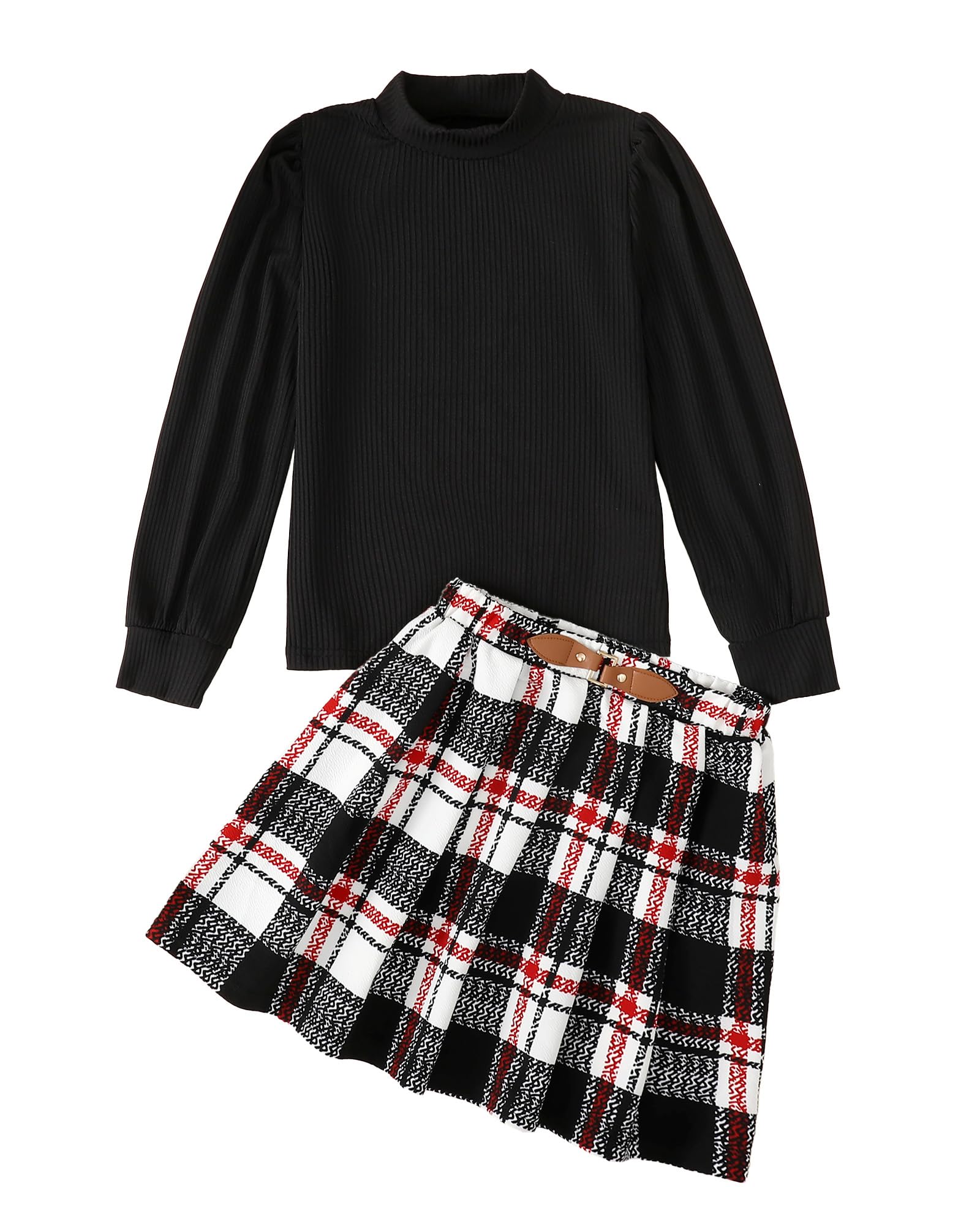 YOURUIKEY Girls Skirt Sets 2 Piece Outfits Long Sleeve Puff Mock Neck Tops and Plaid Skirts Fall Winter Clothes Size 6-14Y