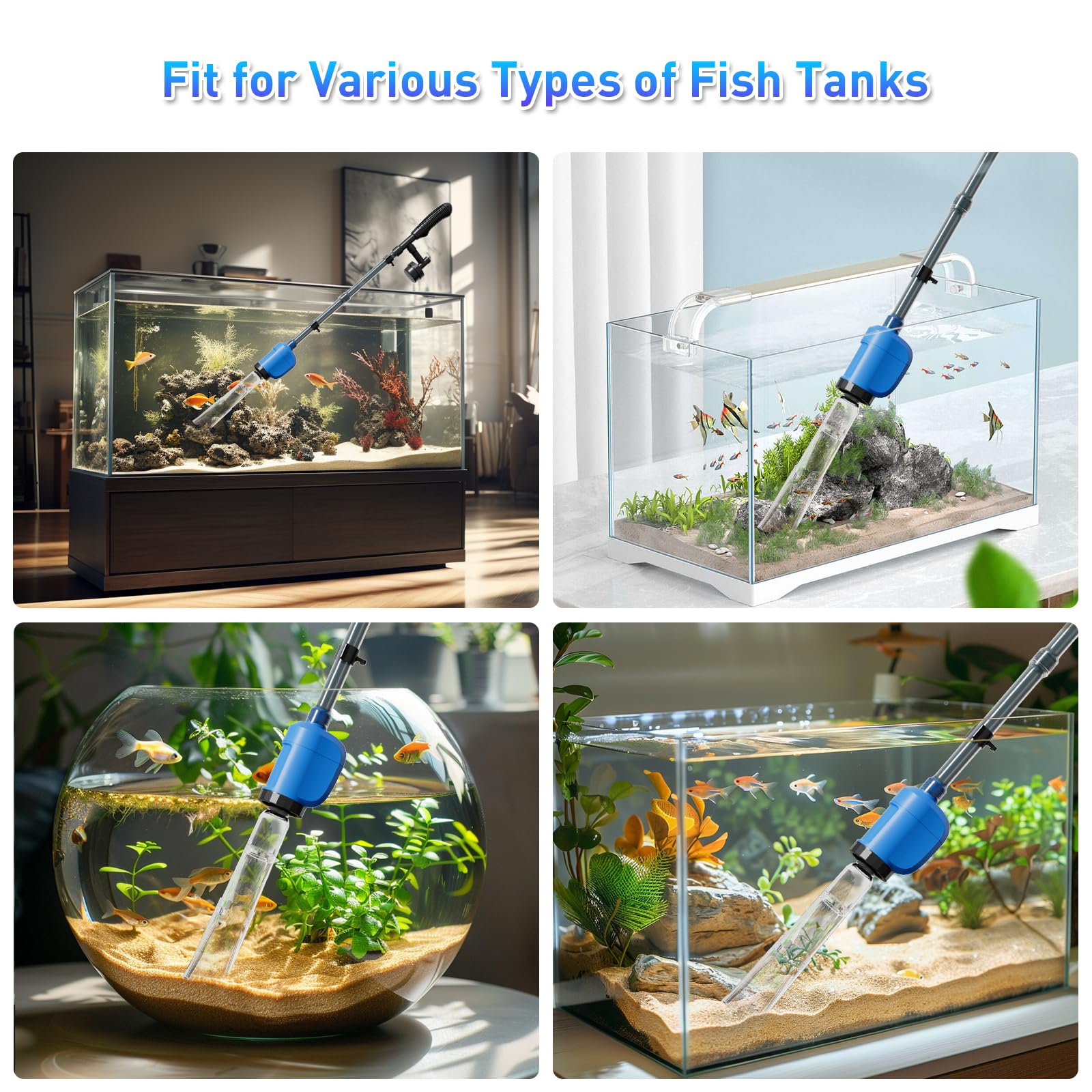 Nettoyeur de gravier électrique 6 en 1 pour aquarium, aspirateur d'aquarium de 530 GPH avec tasse de lavage de sable étendue améliorée, changeur d'eau, extracteur de débris et pompe de circulation