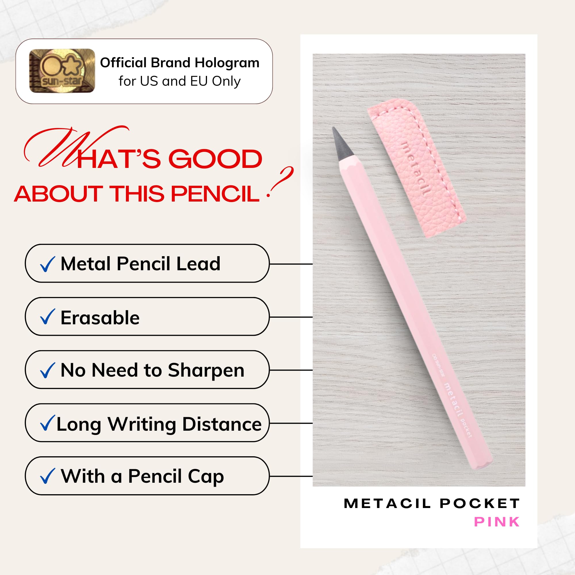 SUN-STAR Stylish Metal Pencil Metacil Pocket Pencils for Artist Drawing, Sketching, Non-Sharpening, Pencil Lead Color: Black 2H, Pink, S5019818 (Authentic Hologram for US and EU Only)