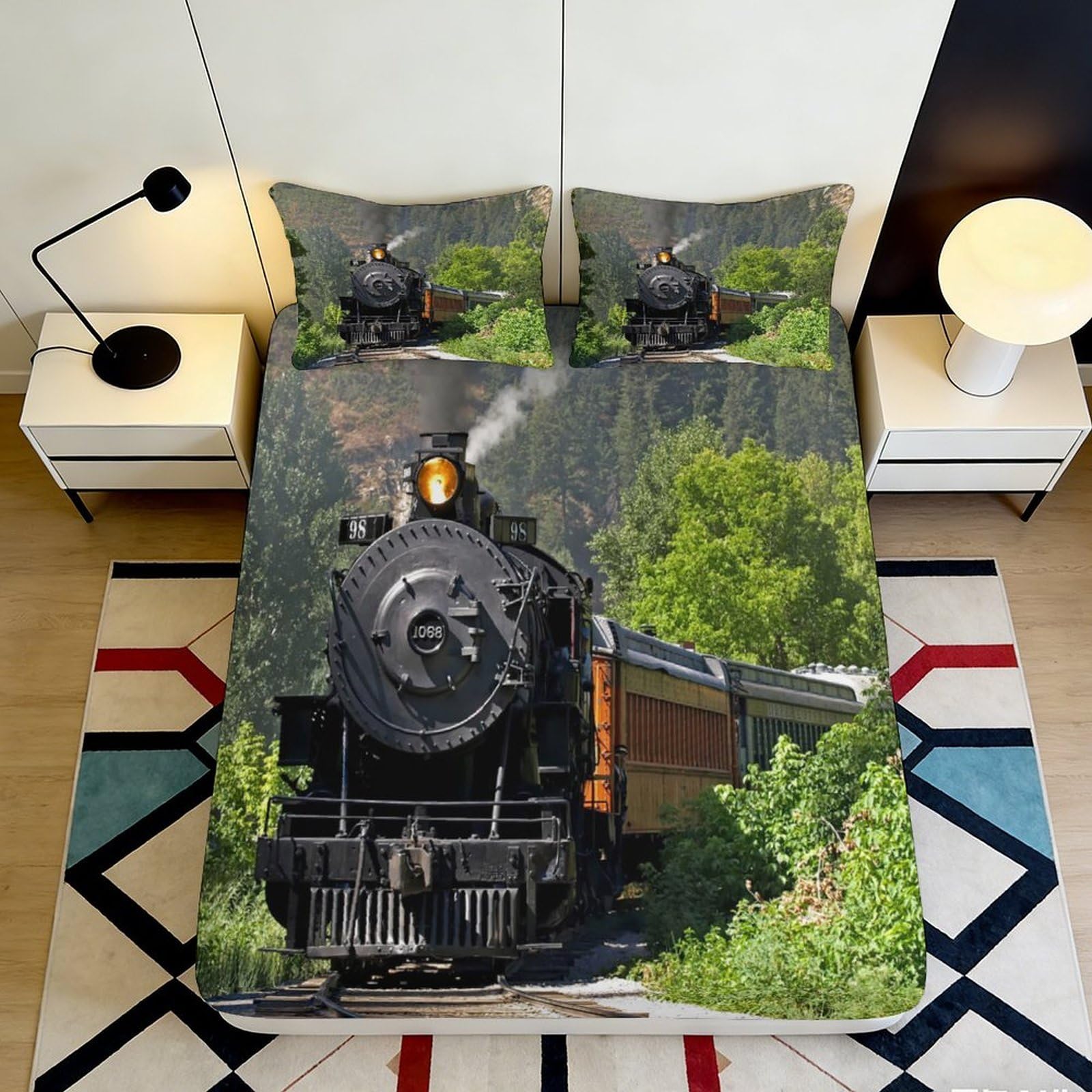 Pnayamiorkfel Style-9 3D Printed Steam Train Journey Fitted Sheet Microfiber Soft Breathable Railway Landscape Bed Cover For Bedroom Decor 90X200x25cm