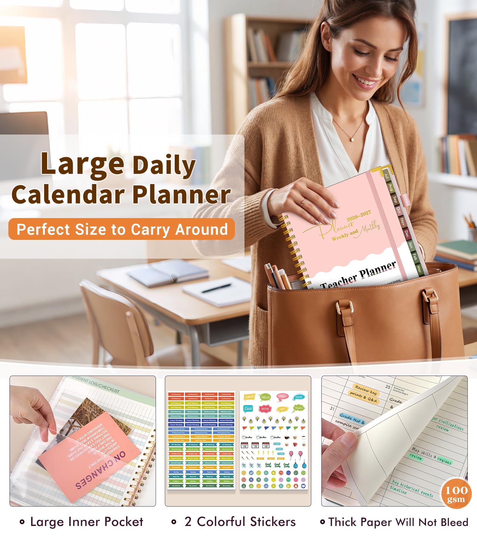 A4 Lehrerplaner 2026-2027, Akademischer Wochen- und Monatskalender Planer von Juli 2026 - Juni 2027, Hardcover Agenda Buch mit Tabs, 2026 Spirale Tageskalender Planer für College Schule Zuhause, Rosa