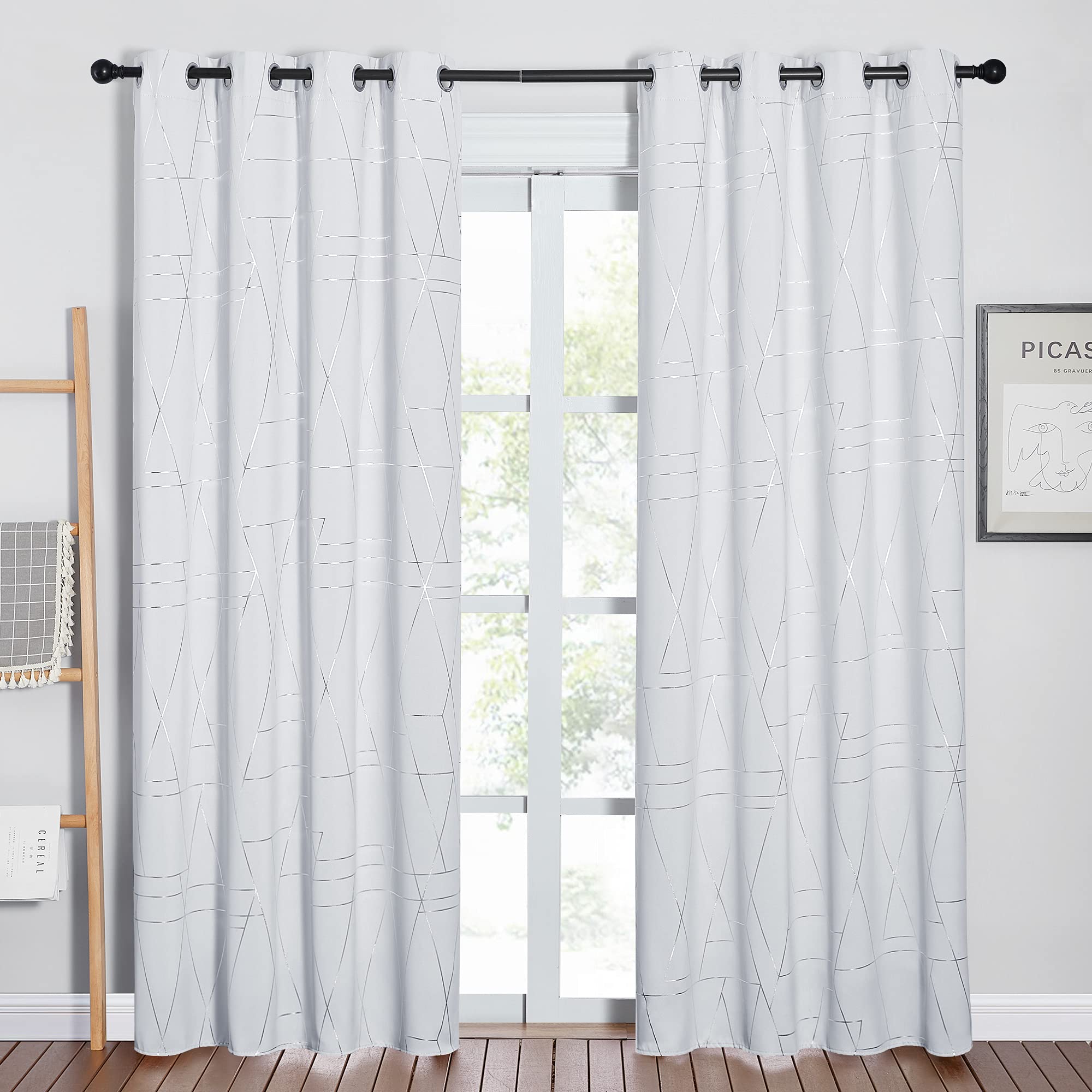 Rideaux occultants blancs grisâtres 132x213 cm avec œillets pour la chambre