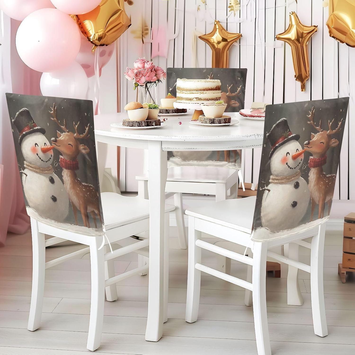 ALAZA Cute Snowman Reindeer Chair Back Cover Set of 6, Washable Reusable Removable Chair Slipcovers Decorative Chair Cover for Home Kitchen Wedding Party