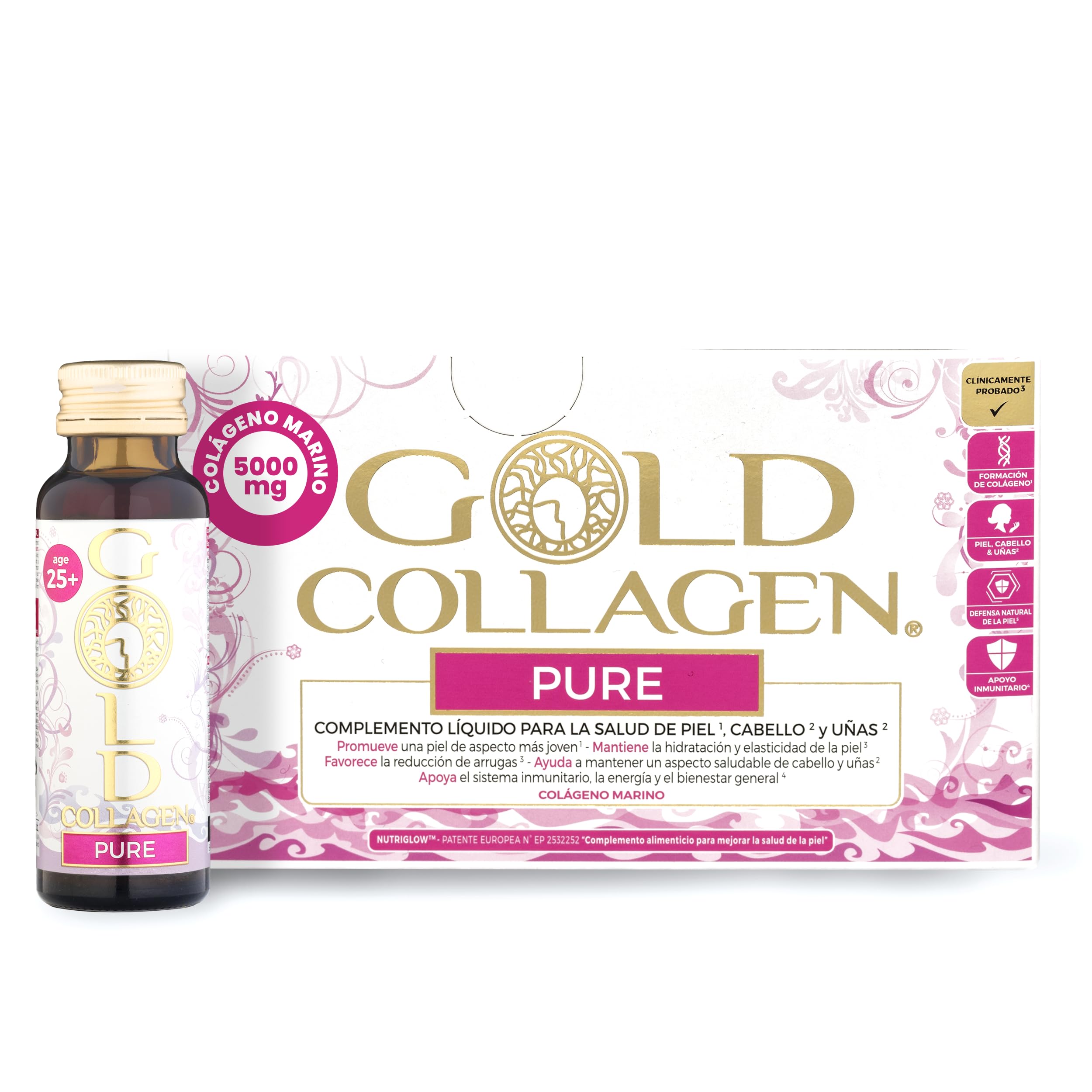 GOLD COLLAGEN Pure - Complemento Líquido de Colágeno Marino Hidrolizado para Cabello, Piel y Uñas Antiarrugas y Sistema Inmunológico con Vitamina C E B6 Ácido Hialurónico Biotina Zinc, 1 Caja 10x50 ml