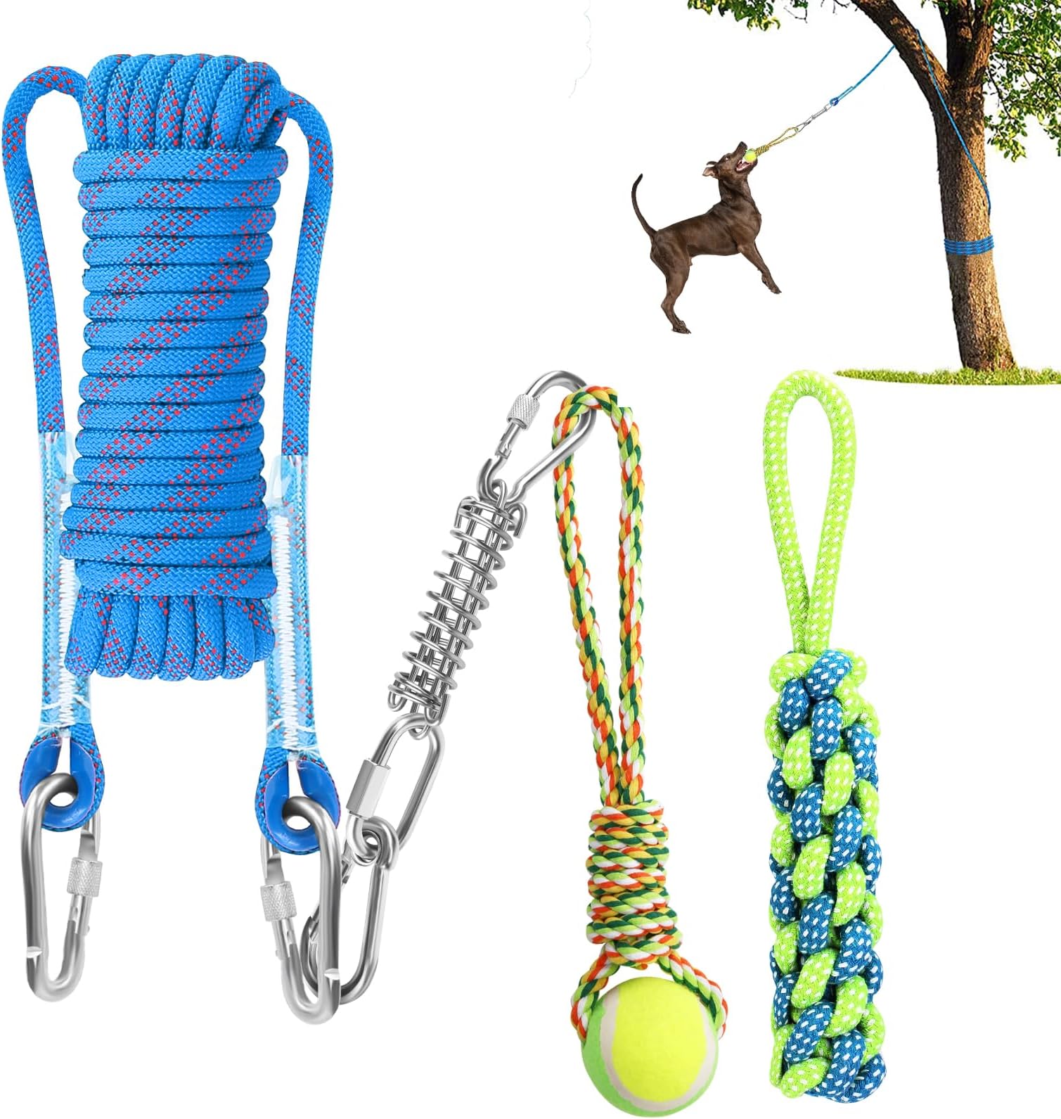 SubClapTree Tugger Dog Toy Retractable Dog Bungee Tug Toy Outdoor Interactive Tether Tug of War Toy with 16.8 ft Rope & Spring Pole Kit & 2 Chew Rope Toys for Pitbull Medium to Large Dog