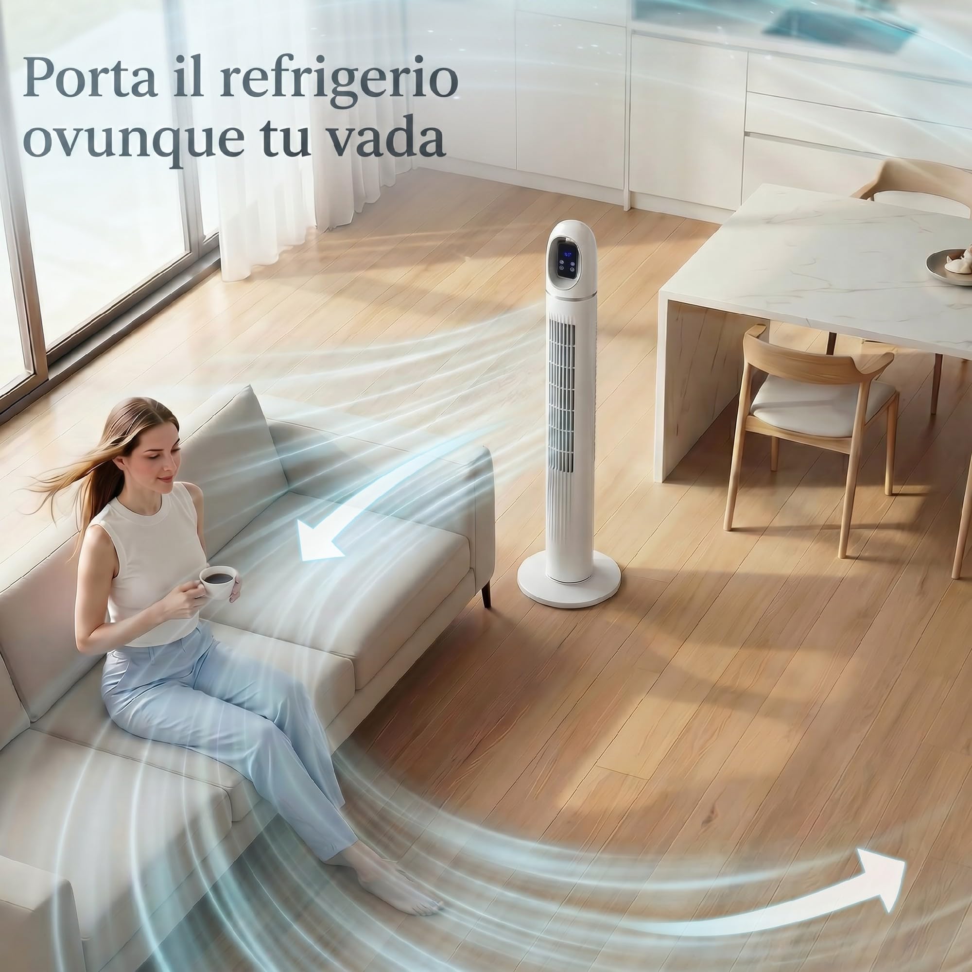 HOMCOM Ventilatore a Torre per Camera da Letto con 4 Modalità, 3 Velocità, Ventilatore da Pavimento Oscillante a 70°, Display LED, Timer 24 Ore e Telecomando, 110 cm, Bianco