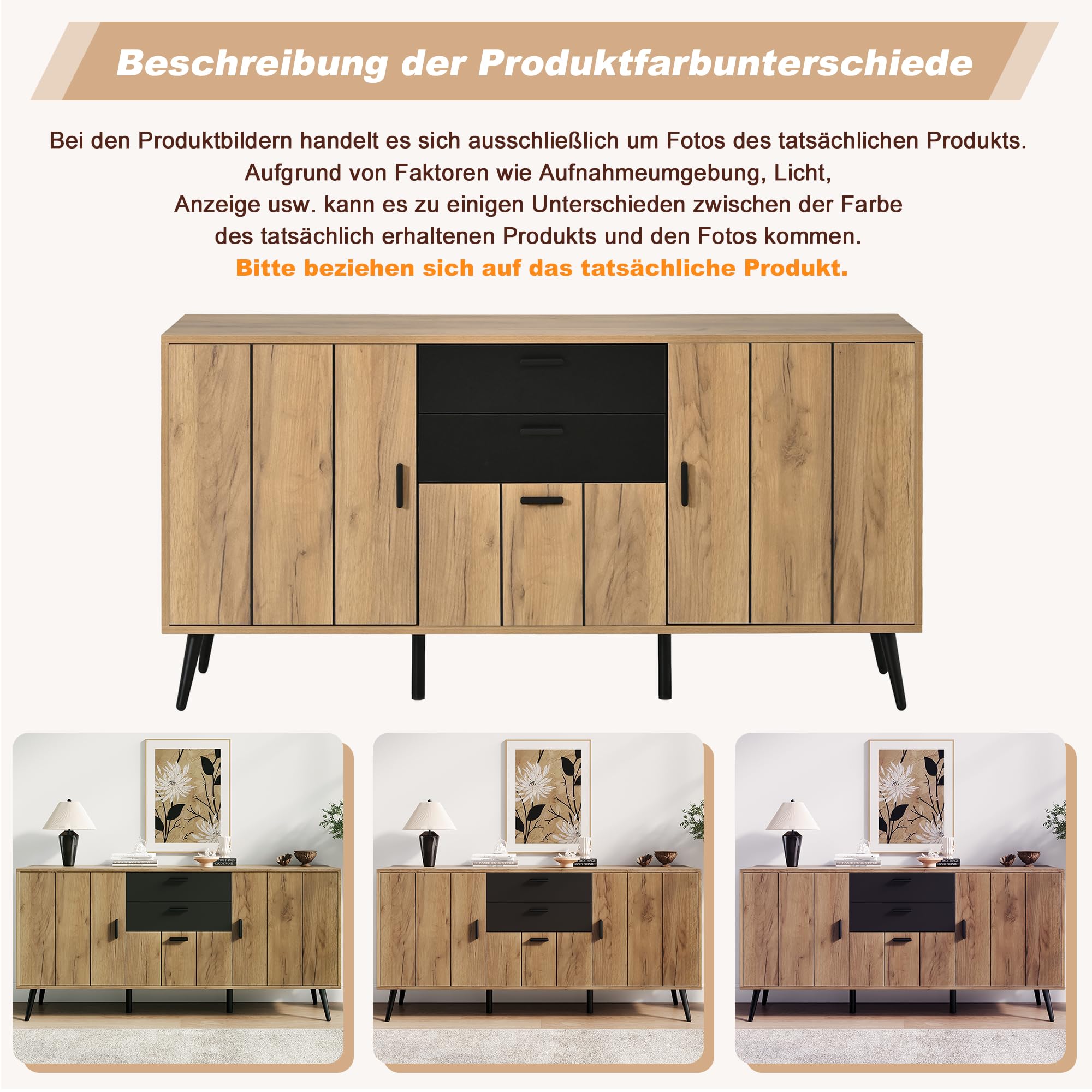 Credenza con 3 ante e 2 cassetti, effetto legno e nero, 140 x 35 x 67 cm, per soggiorno, sala da pranzo, cucina