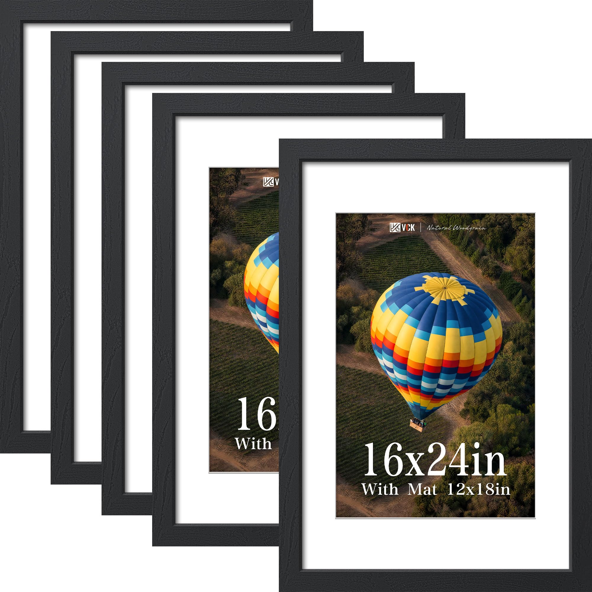 VCK 16x24 Picture Frame 5 Pack, Black Exclusive Wood 12x18 Mat, for Artwork