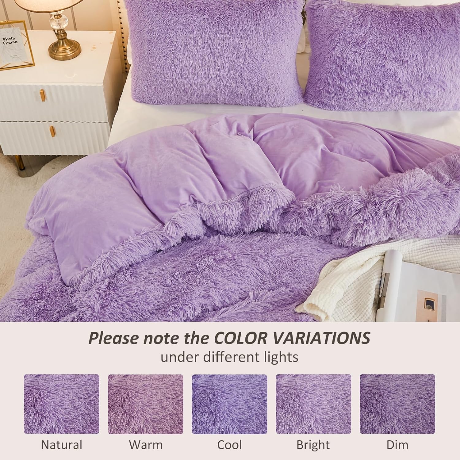 EMME Luxury Purple Fuzzy Duvet Cover Set Queen Size 3 Pieces Fluffy Comforter Cover Set for Queen Bed Shaggy and Plush Soft Bedding Duvet Covers (Purple, Queen)