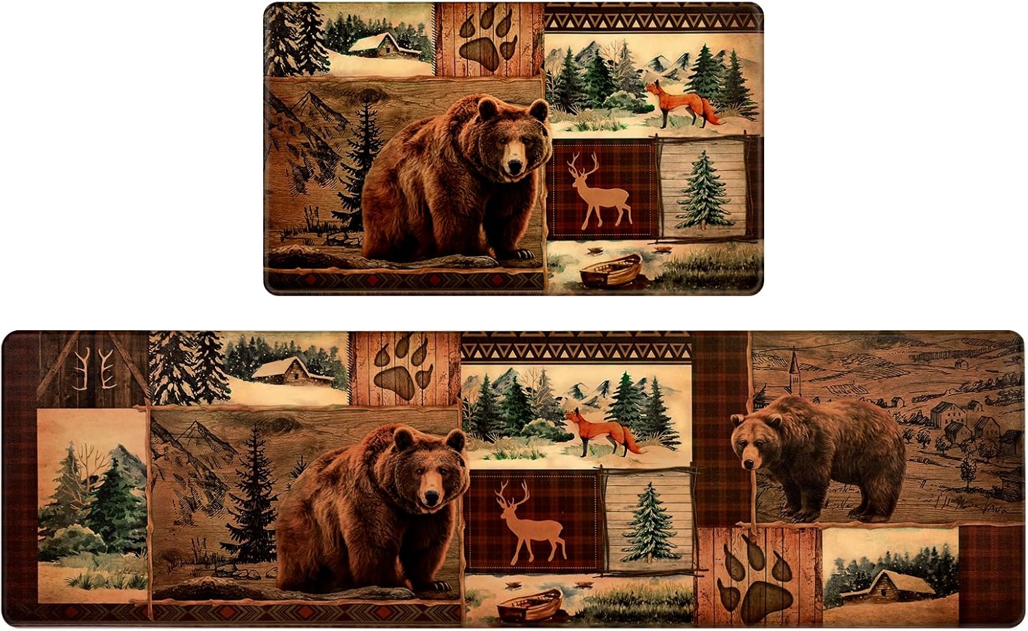 ASPMIZ Rustic Kitchen Rugs Non Slip Set of 2, Waterproof Farmhouse Lodge Bear Moose Deer Anti Fatigue Mats for Kitchen Floor Brown, Washable Kitchen Runner Rug for Floor, 18'' x 60'' + 18'' x 30''