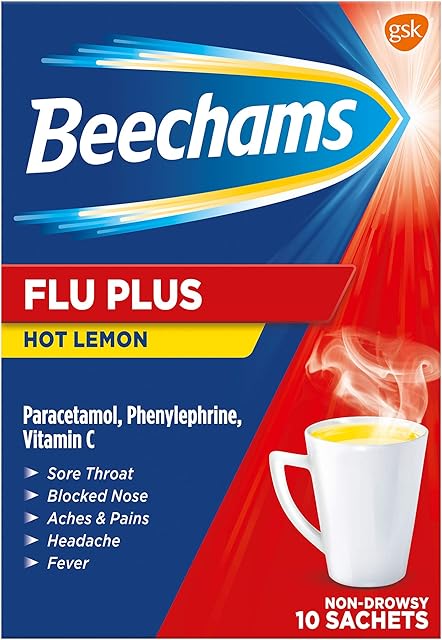 Beechams Flu Plus Hot Lemon Powder, Cold and Flu Sachets, 10 Sachets
