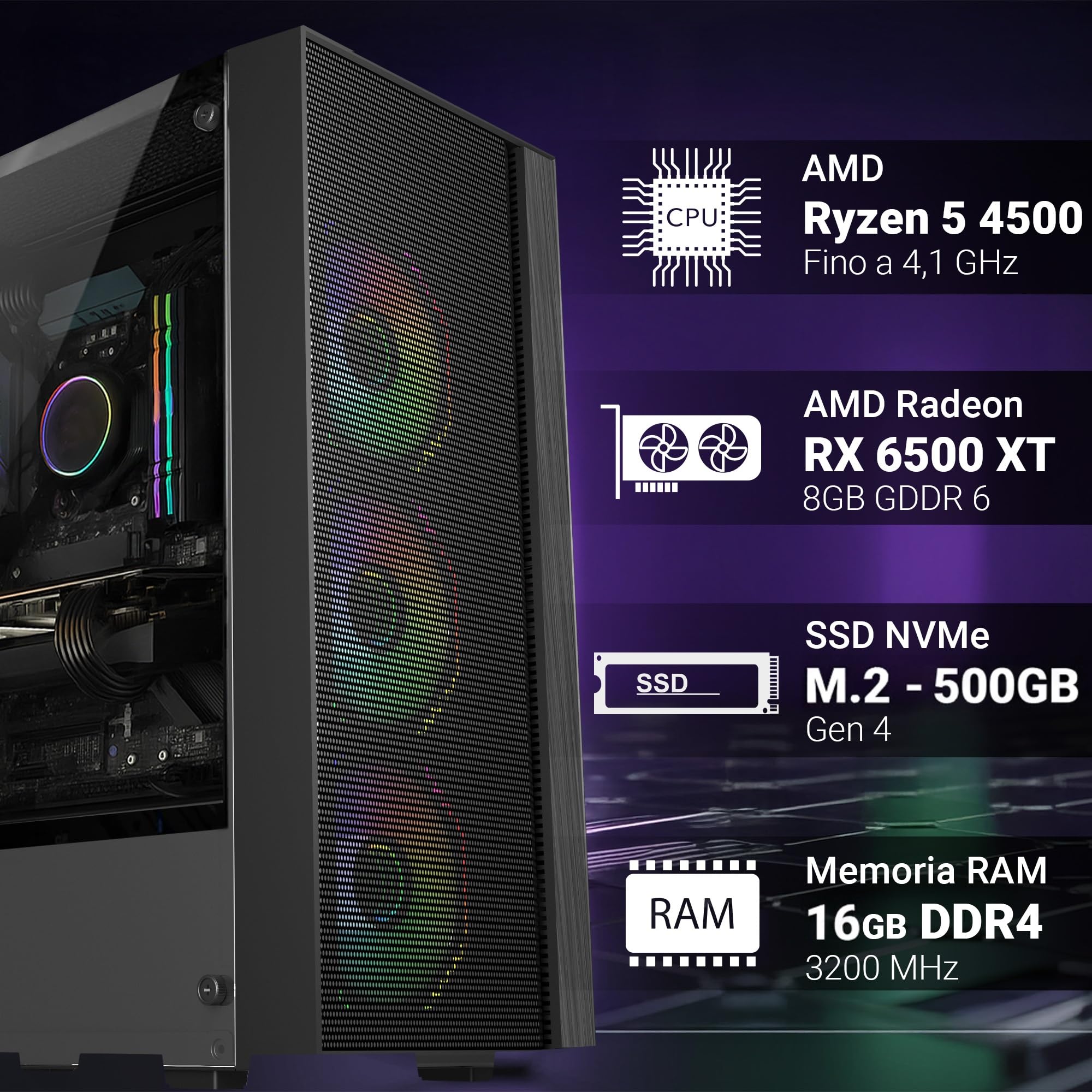 PC Gaming Fisso - Computer Gaming AMD Ryzen 5 4500 • Scheda Video RX 6500XT 8GB • RAM 32GB DDR4 • SSD 1TB M.2 • Wi-Fi AC e Bluetooth • HDMI e DisplayPort • USB 3.2 • Windows 11 Pro