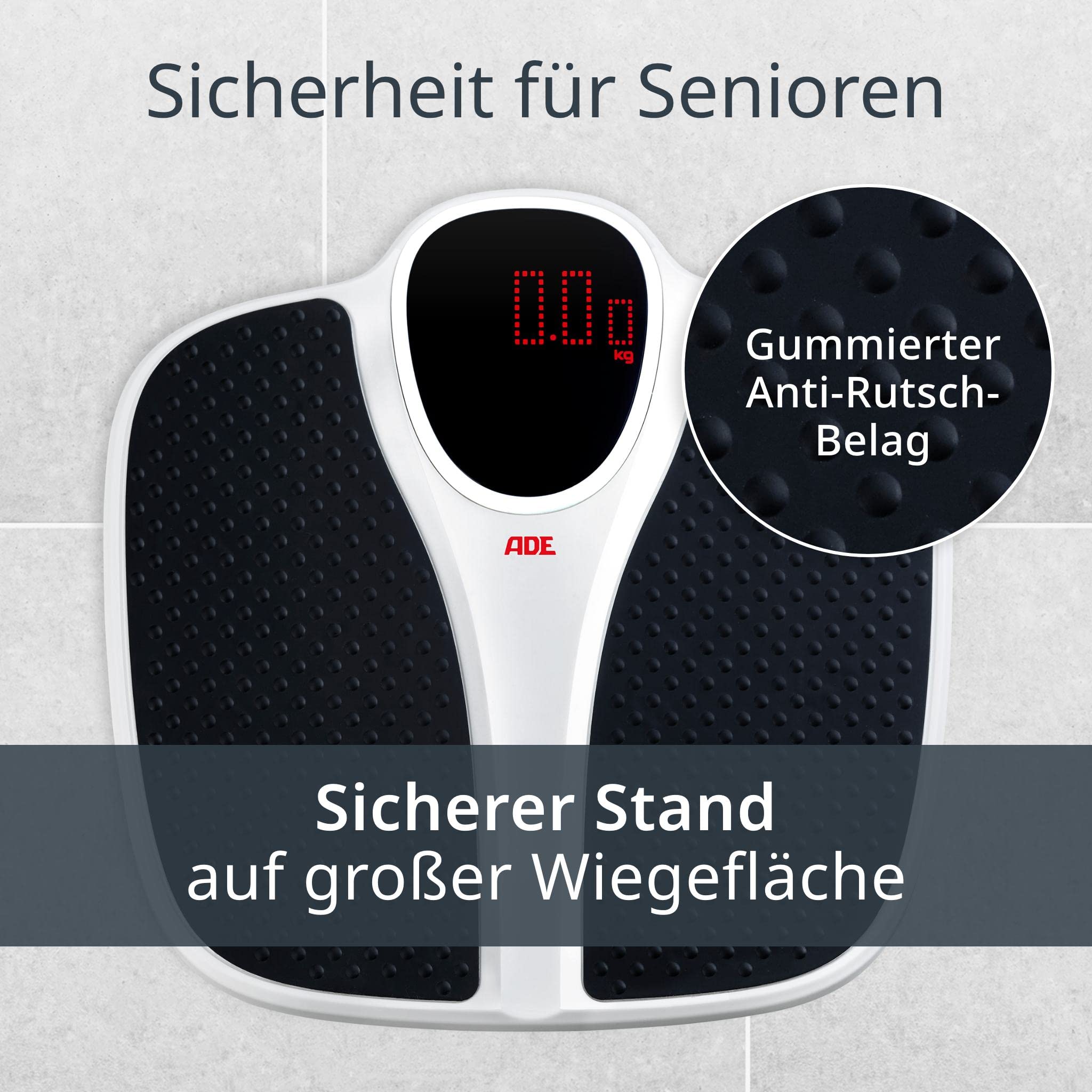 ADE Digitale Personenwaage bis 200 kg | extra breite Wiegefläche mit rutschfester Gummimatte | Badezimmer Körperwaage mit großem Display | Profi Waage mit hoher Tragkraft
