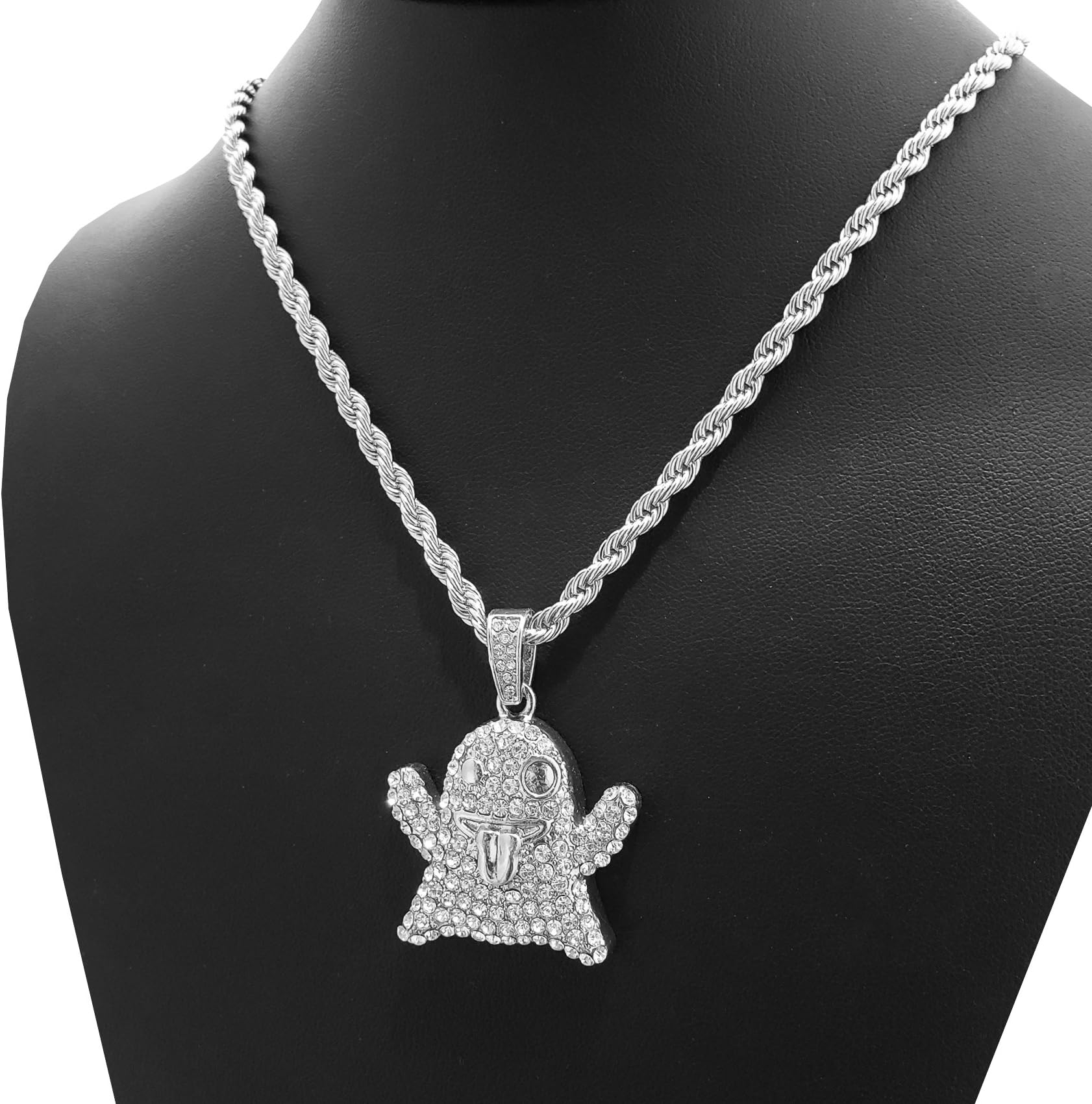 BLINGFACTORY Hip Hop Iced out Emoji Ghost Character Pendant & 4mm 24" Rope Chain Necklace
