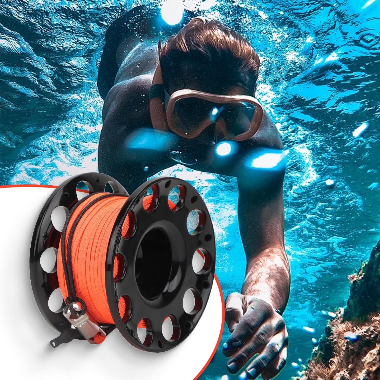 Mulinello da Immersione, 30 m Bobina di plastica, Adatto per attività subacquee all'aperto (Ruota Nera)