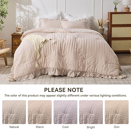 Miniatura 8 de JOLLYVOGUE - Juego de edredón tamaño queen, de 3 piezas, estilo seersucker, ligero y esponjoso para todas las estaciones, con 1 edredón con volantes
