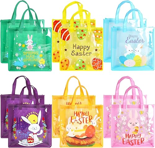 12CS Bolsas de Pascua con ventana transparente, bolsas de regalo de huevo de pollito de conejo de Pascua con asas, bolsas de golosinas, bolsas de