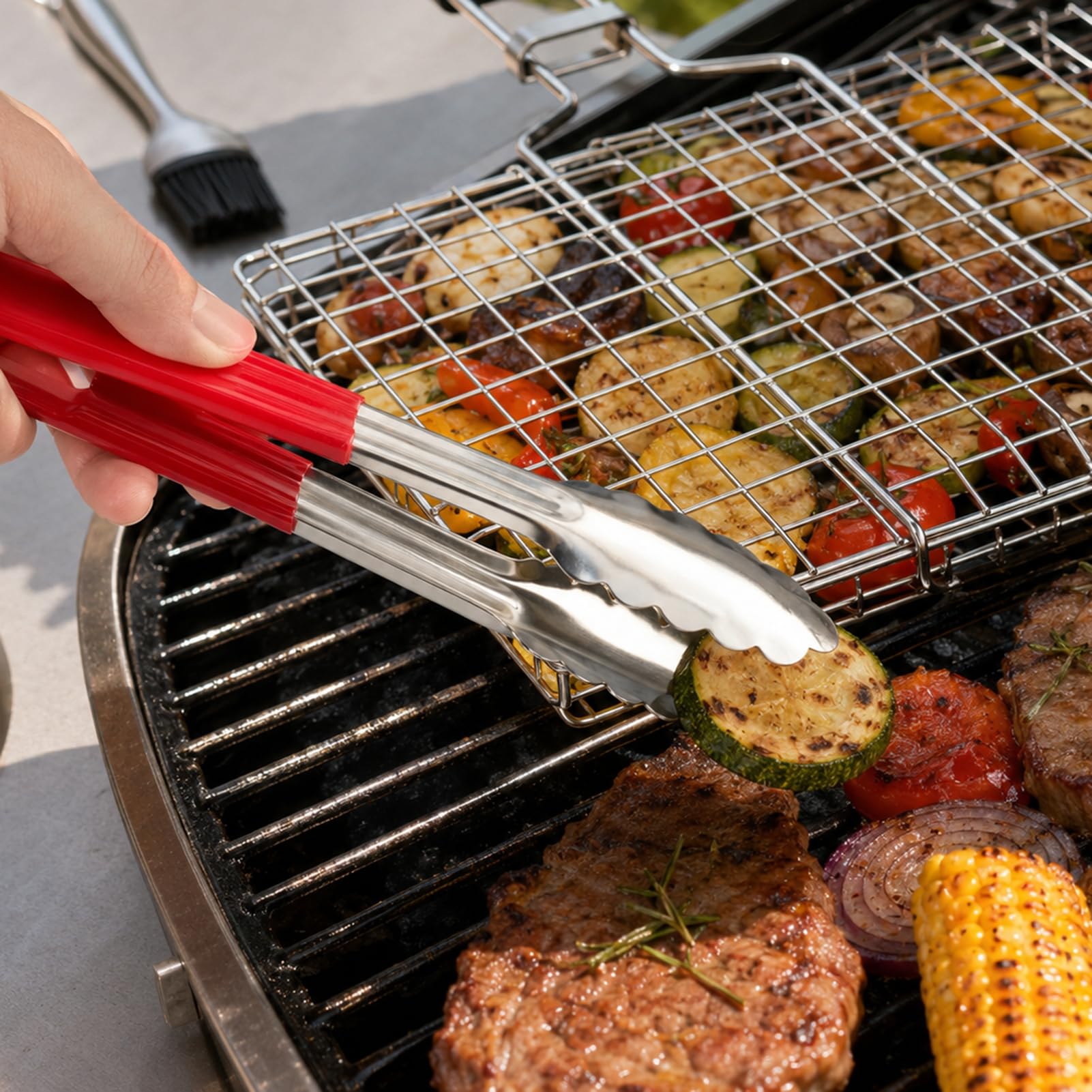 1 cestino per barbecue portatile in acciaio inox con pinza per alimenti e spazzola corta, accessori inossidabili, cestelli per grigliare, pinza pieghevole in rete con manico rimovibile per verdure