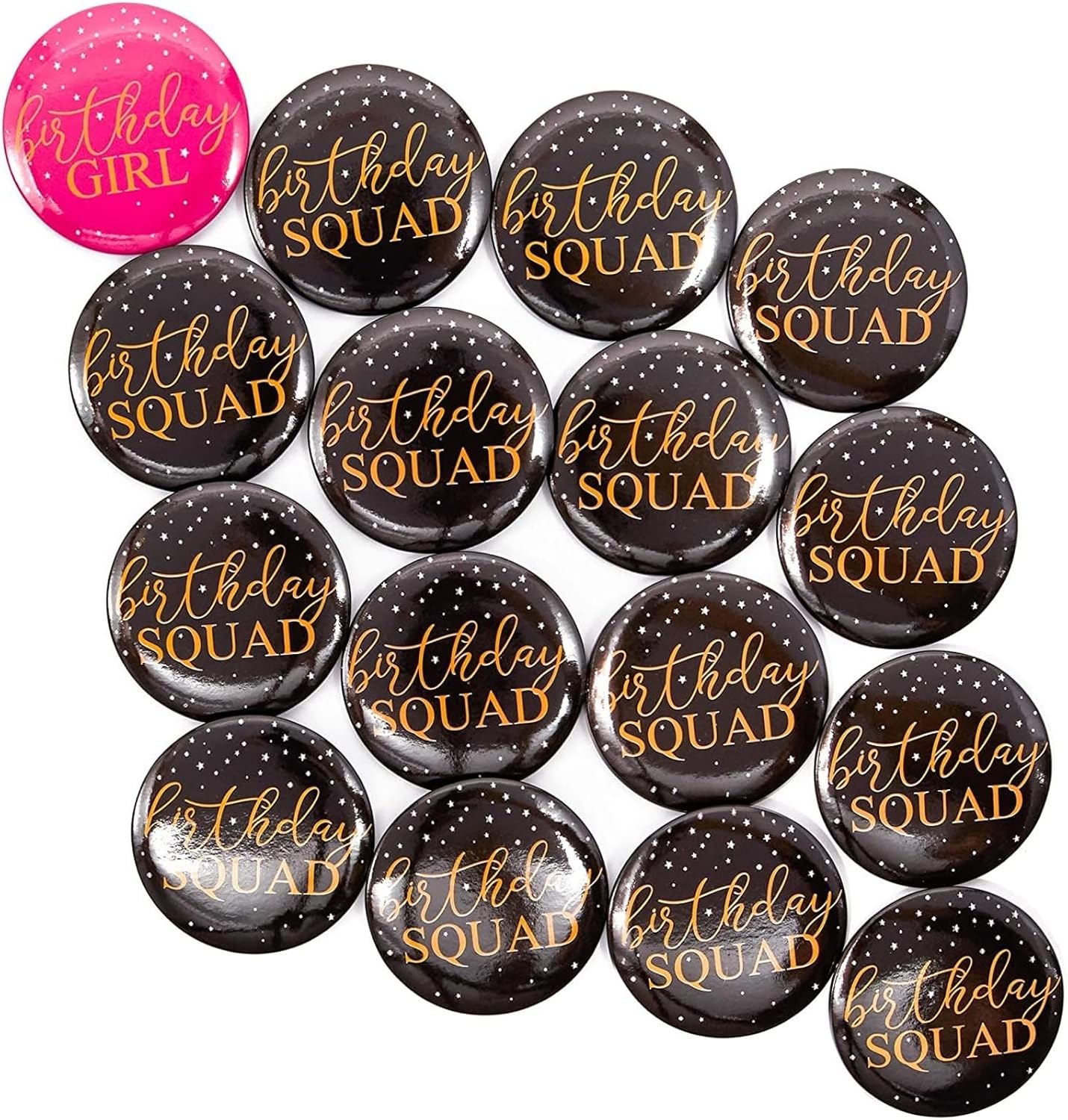 Juvale Birthday Squad Buttons - Pink & Black Party Buttons - Secure Clasp Squad Pins - Birthday Crew Accessories with Gold Text & Confetti Motifs - 2.3 in, Pack of 16